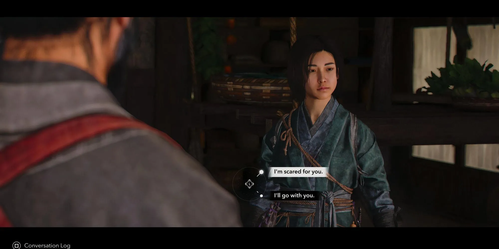 Alt text: Matsu và Nagato đang nói chuyện với Naoe trong một đoạn cắt cảnh của Assassin's Creed Shadows, bối cảnh là ngôi làng.