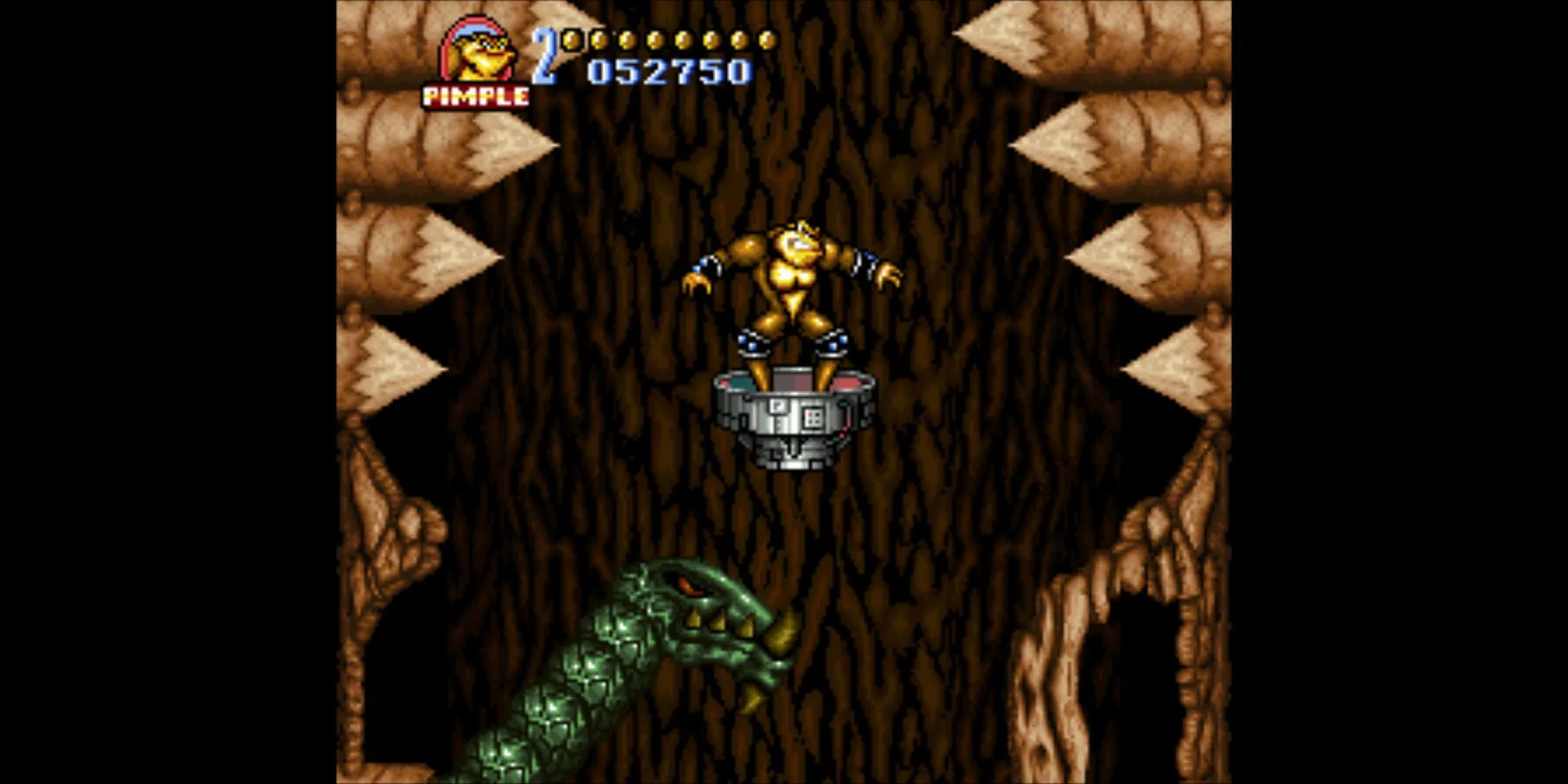 Ảnh chụp màn hình game Battletoads In Battlemaniacs trên SNES, các nhân vật Battletoad đang chiến đấu với kẻ thù