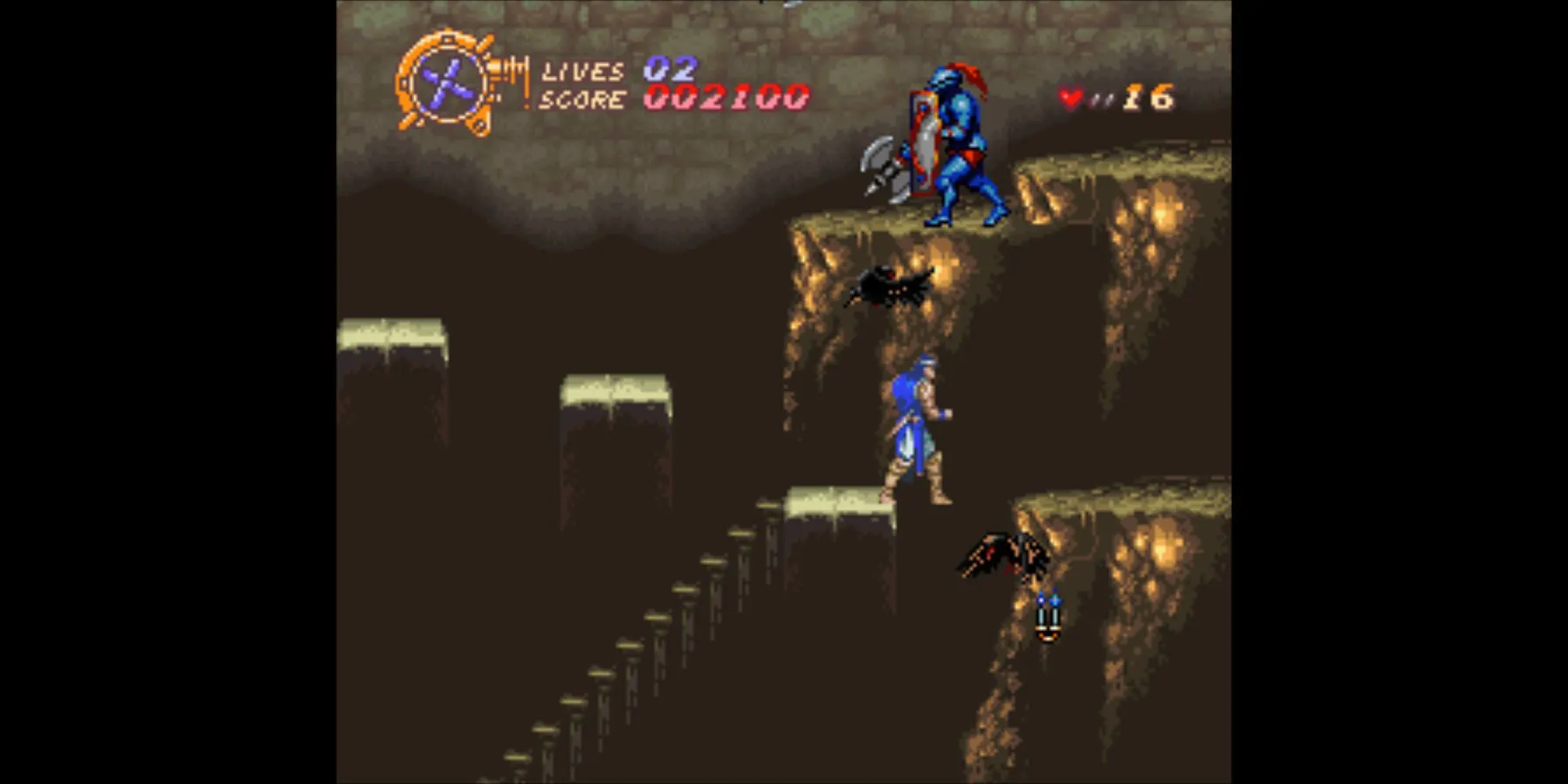 Ảnh chụp màn hình game Castlevania Dracula X trên SNES, nhân vật Richter Belmont đang chiến đấu trong lâu đài của Dracula