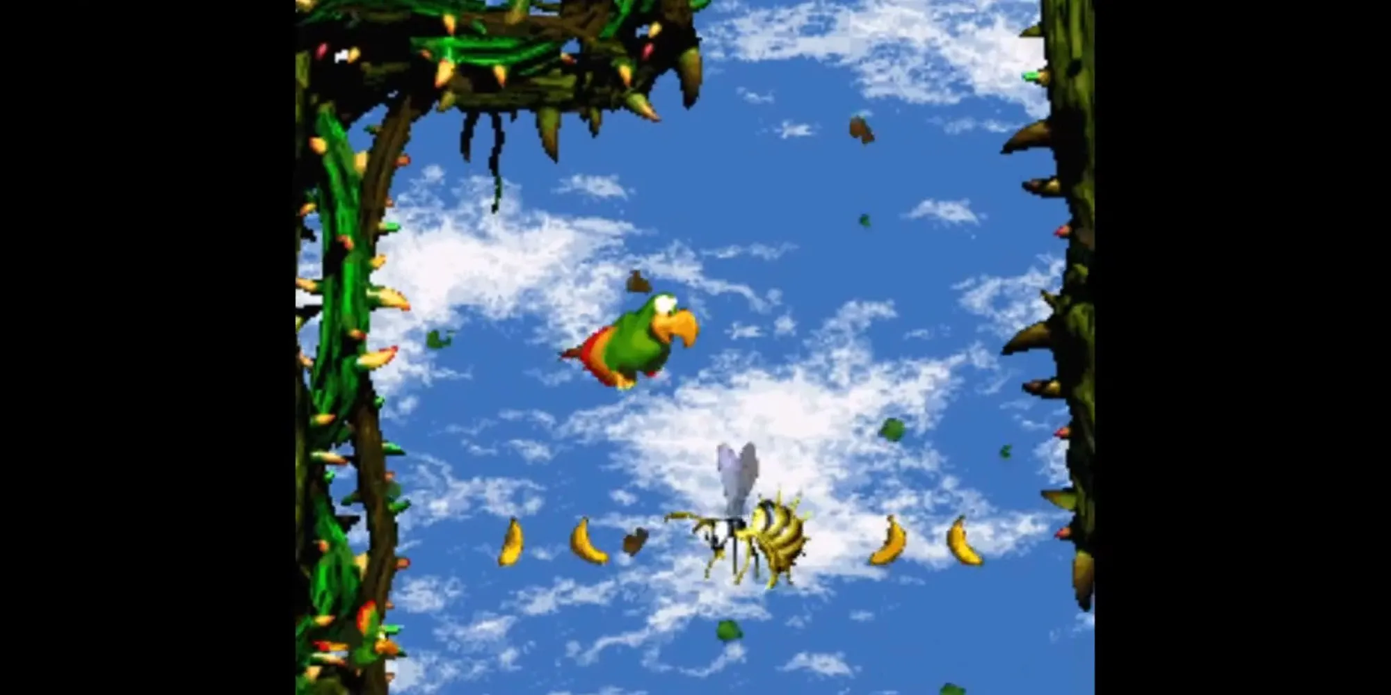 Ảnh chụp màn hình game Donkey Kong Country 2 trên SNES, với sự xuất hiện của Diddy Kong và Dixie Kong