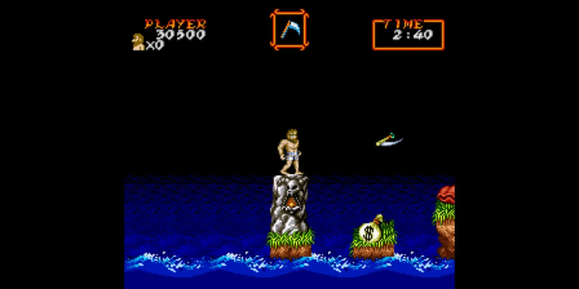 Ảnh chụp màn hình game Super Ghouls 'N Ghosts trên SNES, nhân vật hiệp sĩ Arthur trong bộ giáp