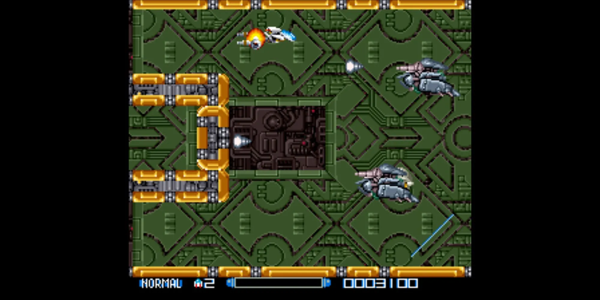 Ảnh chụp màn hình game Super R-Type trên SNES, cảnh phi thuyền đang bắn kẻ thù