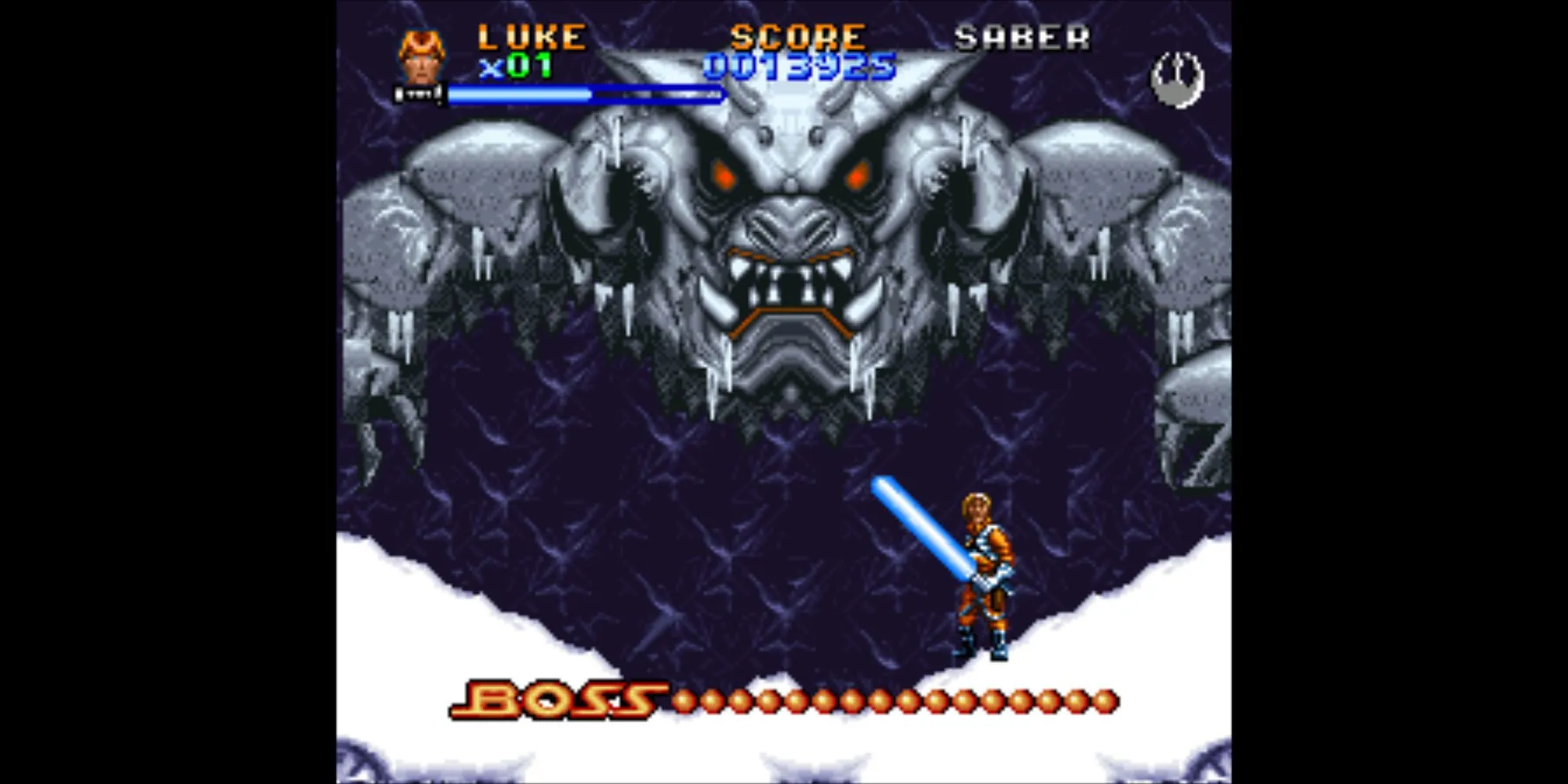 Ảnh chụp màn hình game Super Star Wars The Empire Strikes Back trên SNES, nhân vật Luke Skywalker đang chiến đấu