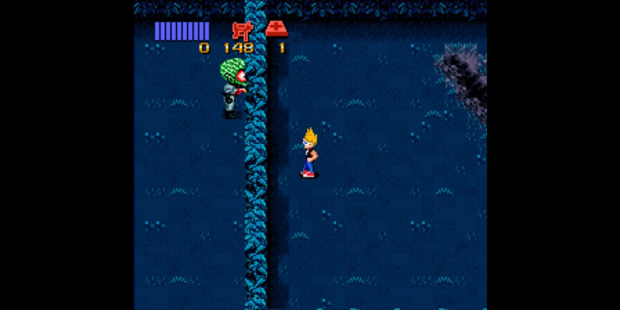 Ảnh chụp màn hình game Zombies Ate My Neighbors trên SNES, nhân vật đang đối phó với zombie trong khu dân cư