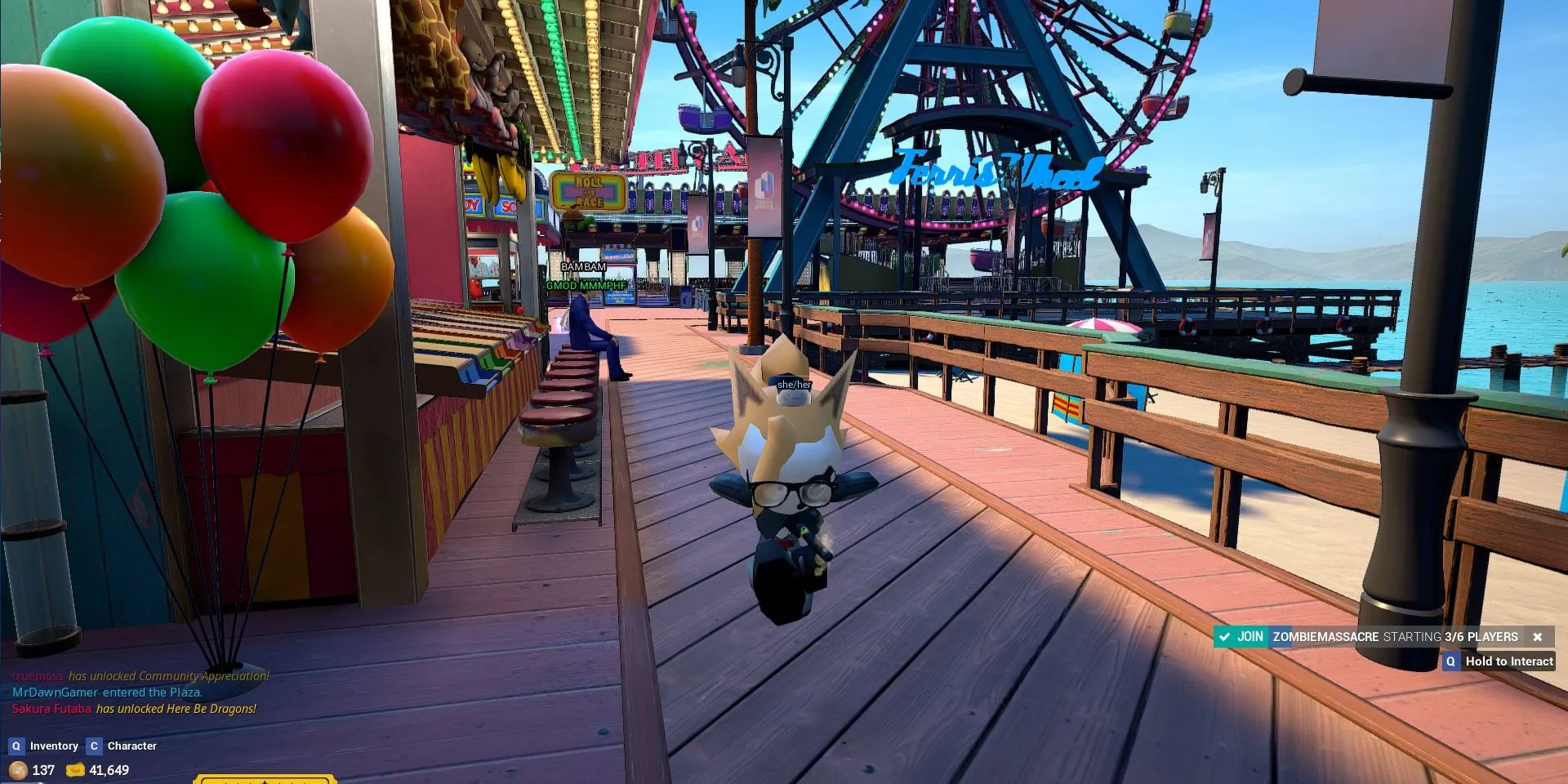 Ảnh chụp màn hình khu vực Boardwalk trong game Tower Unite với các mô hình nhân vật tùy chỉnh