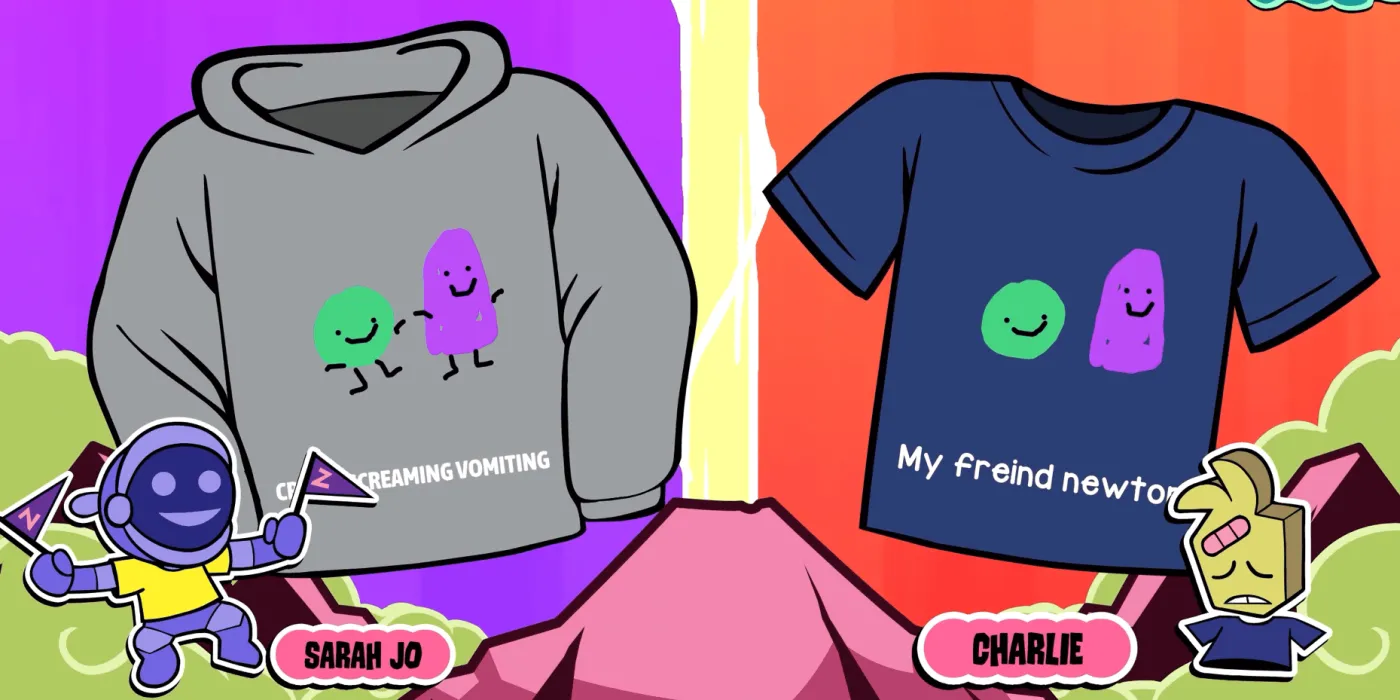 Ảnh minh họa game Tee K.O. 2 trong Jackbox Party Pack 10, thể hiện nhân vật hoạt hình và chữ