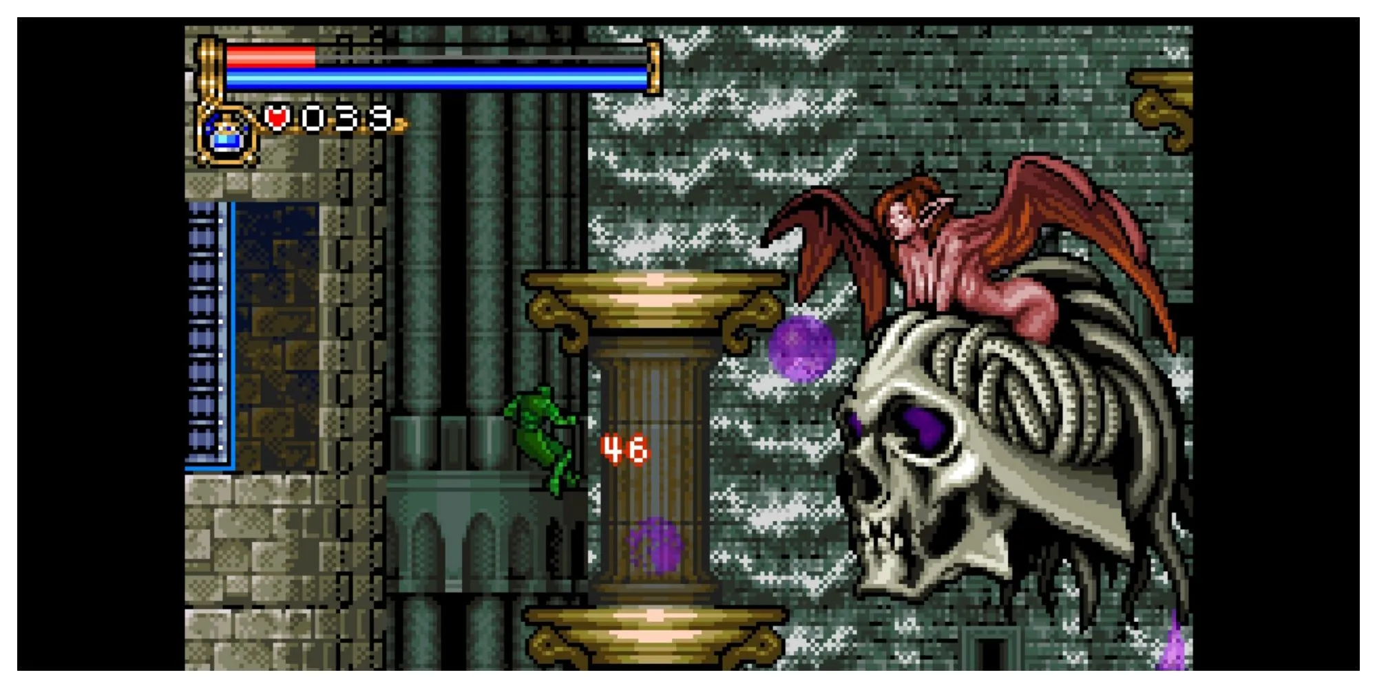 Boss Carmilla trong Castlevania Circle of the Moon, một nữ ma cà rồng bay trên một chiếc đầu lâu khổng lồ, tấn công người chơi bằng tia laser và đòn gây độc.