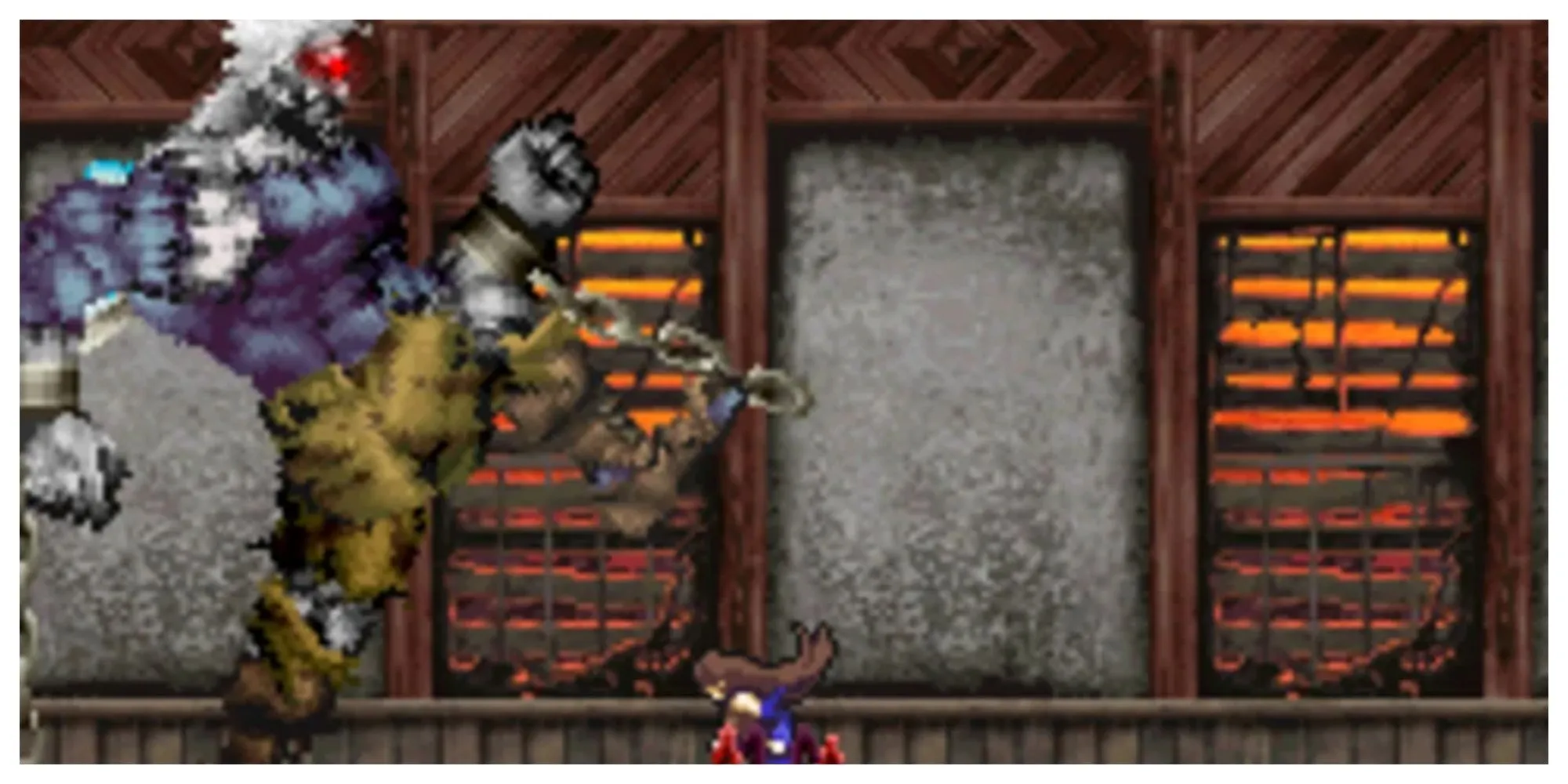 Boss Goliath, một quái vật khổng lồ giống Frankenstein, tấn công người chơi trong Castlevania: Order of Ecclesia bằng cú đấm mạnh mẽ.