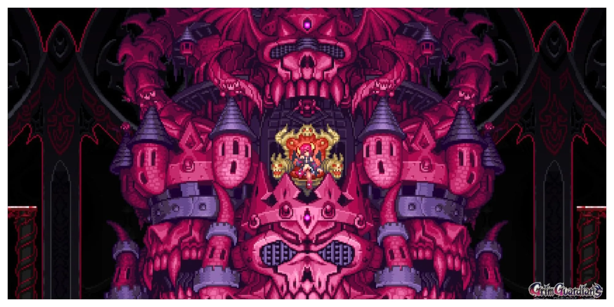Boss Kurona trong Gal Guardians: Demon Purge biến thành một tòa lâu đài bay được tạo thành từ các Kurona nhỏ, sử dụng đòn tấn công laser và năng lượng.