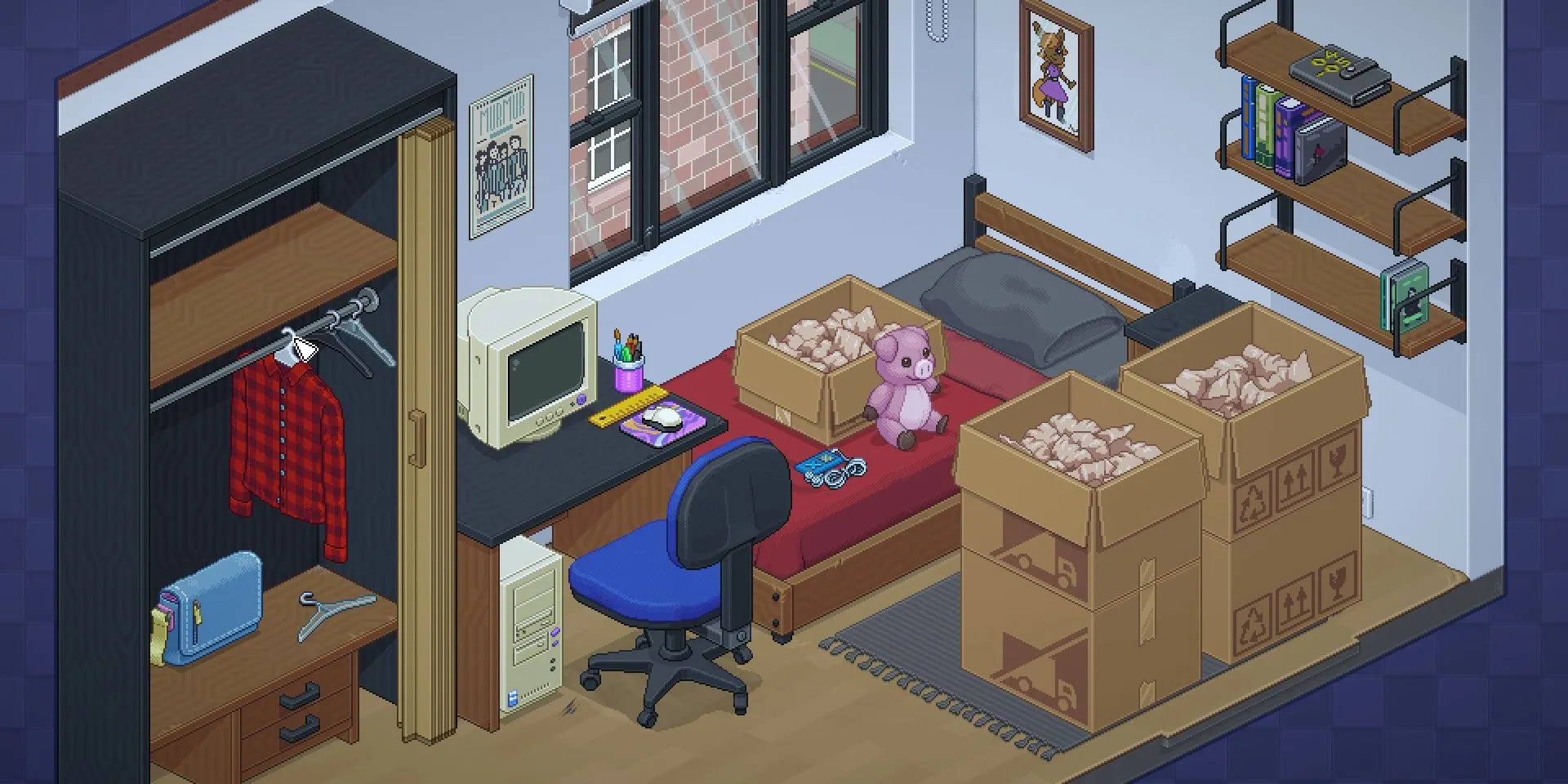 Các hộp đồ được bày trong phòng ký túc xá trong game Unpacking, chờ được sắp xếp
