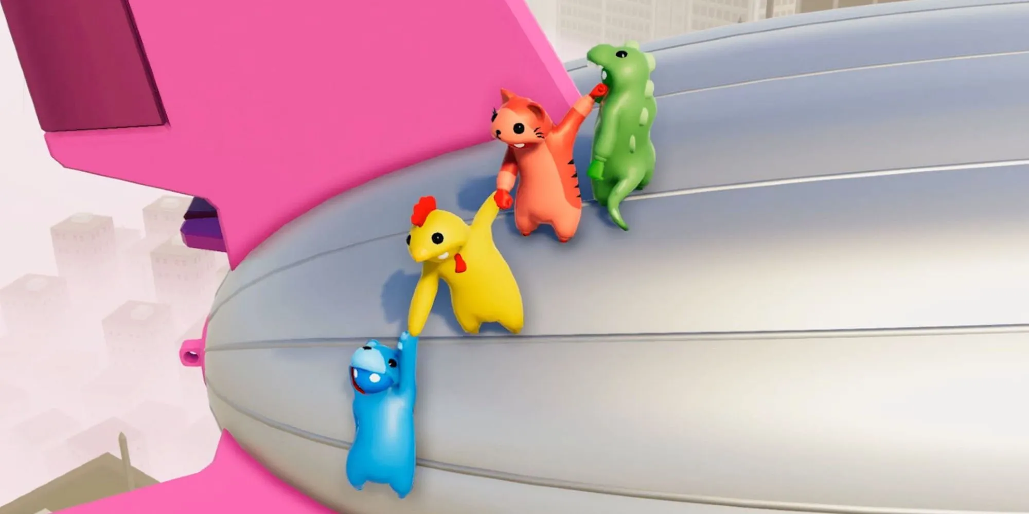 Các nhân vật hình người dẻo quẹo trong Gang Beasts đang cố gắng bám trụ trên một cấu trúc treo lơ lửng