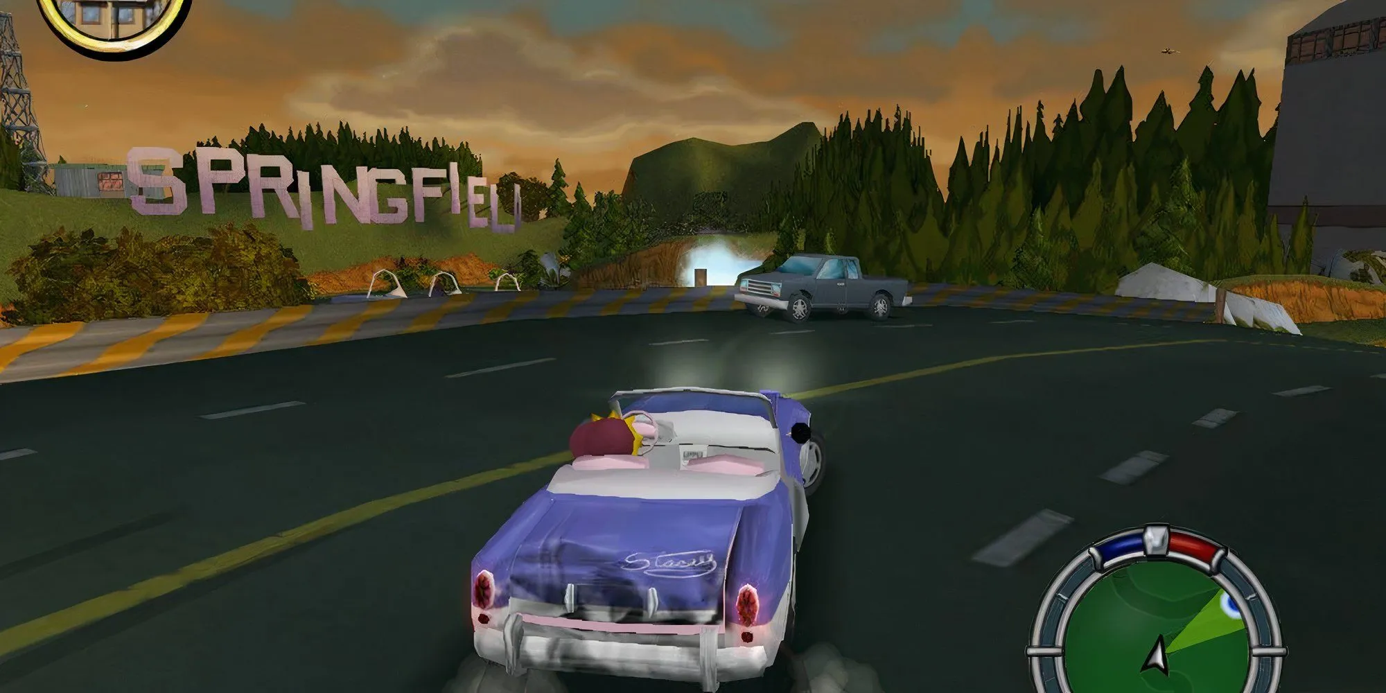Các nhân vật Simpson lái xe khám phá Springfield trong game Hit and Run