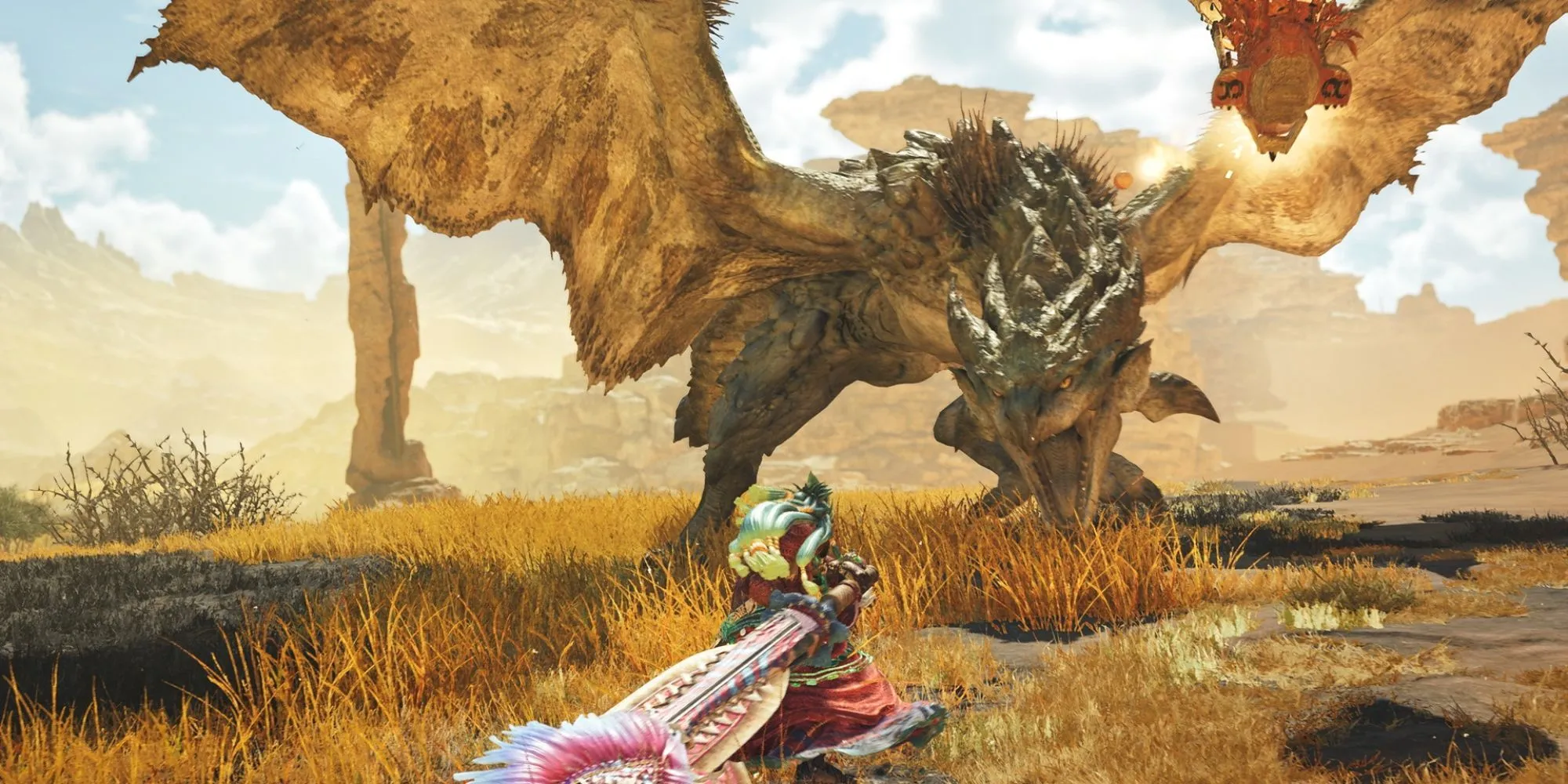 Cảnh chiến đấu với quái vật Rathian trong game Monster Hunter Wilds
