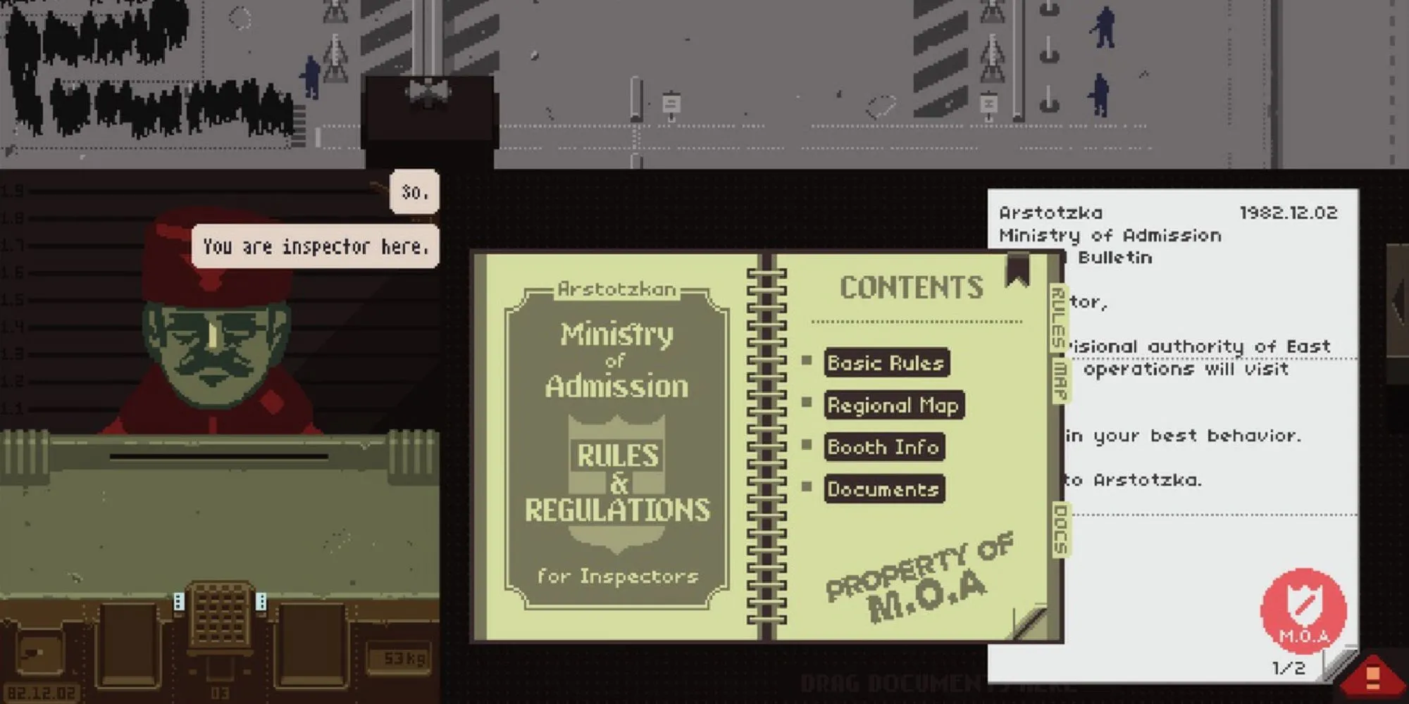 Cảnh đọc sổ Quy tắc và Quy định của Bộ Nhập cảnh trong Papers Please