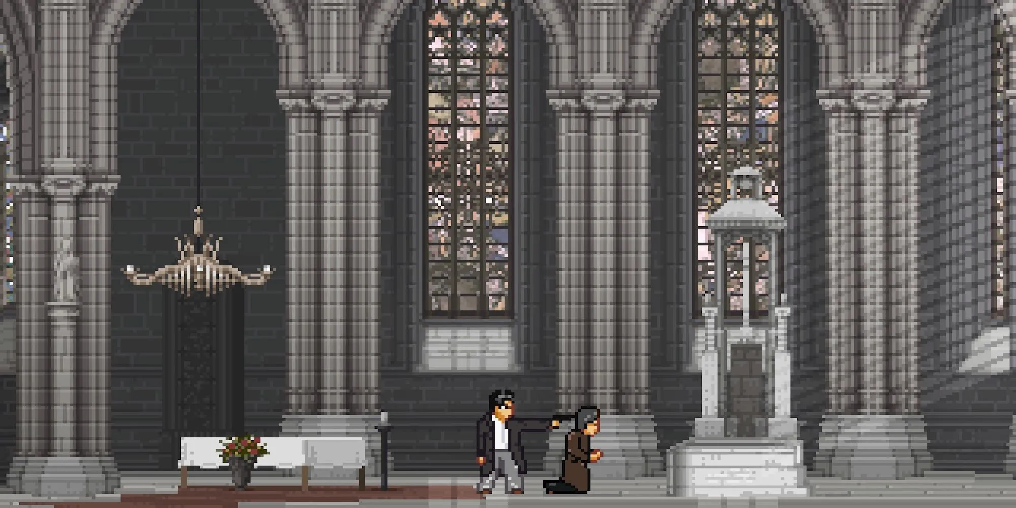 Cảnh hành động trong Arrest of a Stone Buddha, game đi cảnh 2D với đồ họa pixel art