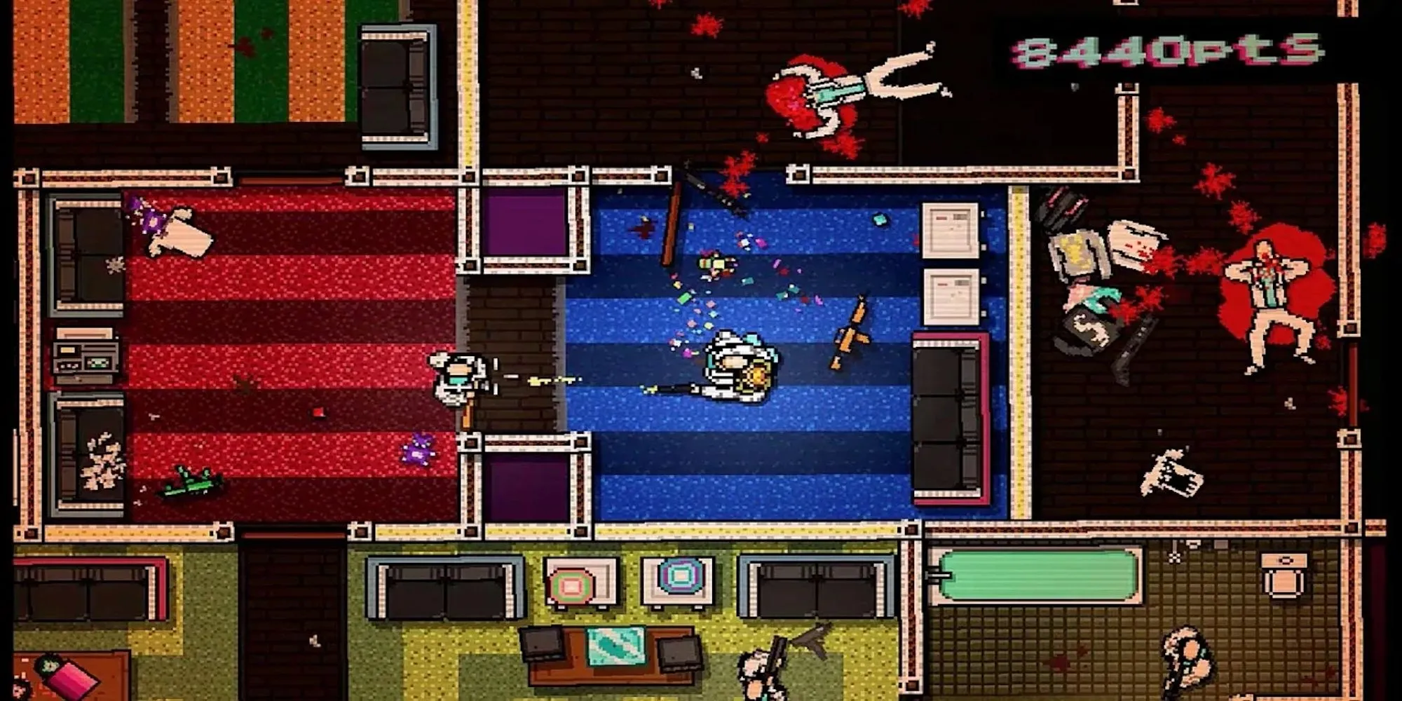 Cảnh hành động từ góc nhìn top-down trong Hotline Miami, game bắn súng bạo lực và nhịp độ nhanh