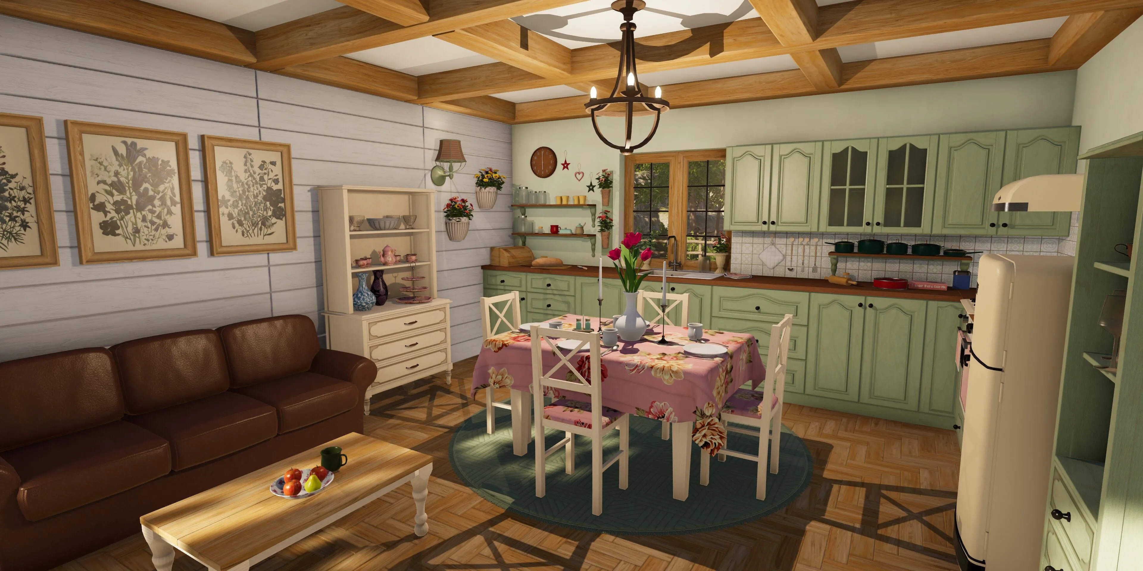 Cảnh người chơi xây dựng và trang trí phòng bếp trong game House Flipper 2