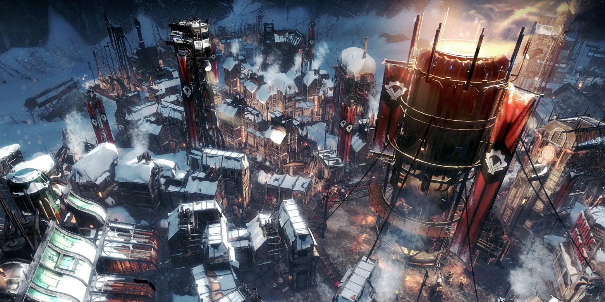 Cảnh quan thành phố và lò sưởi trung tâm trong game Frostpunk