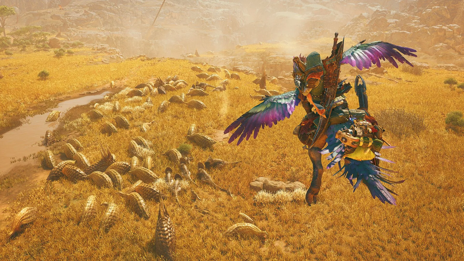 Cảnh thợ săn đối đầu với quái vật trong môi trường sa mạc của Monster Hunter Wilds