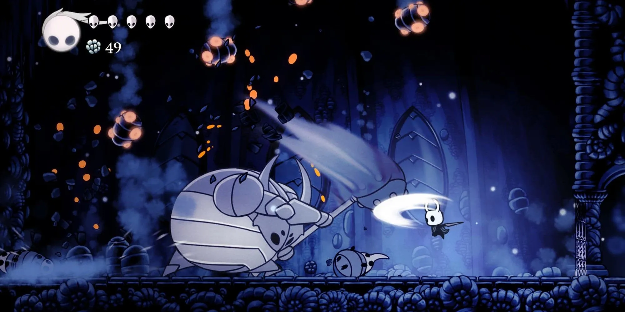 Chiến đấu với sinh vật khổng lồ trong thế giới côn trùng của Hollow Knight, nơi ẩn chứa lore sâu sắc.