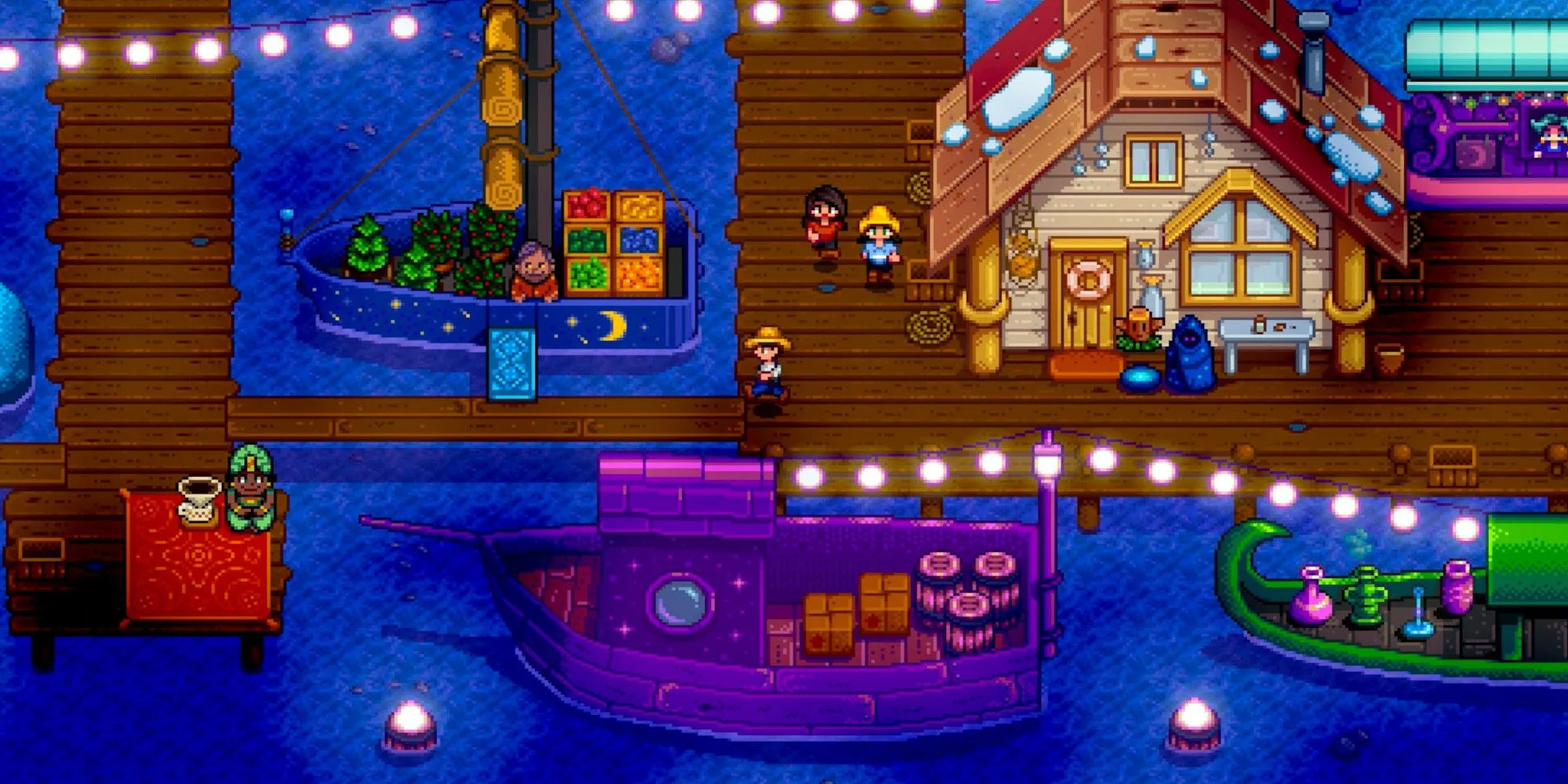Chợ đêm sống động trong Stardew Valley, một ví dụ về các sự kiện và hoạt động phong phú tạo nên nội dung endgame bất tận và giữ chân người chơi.