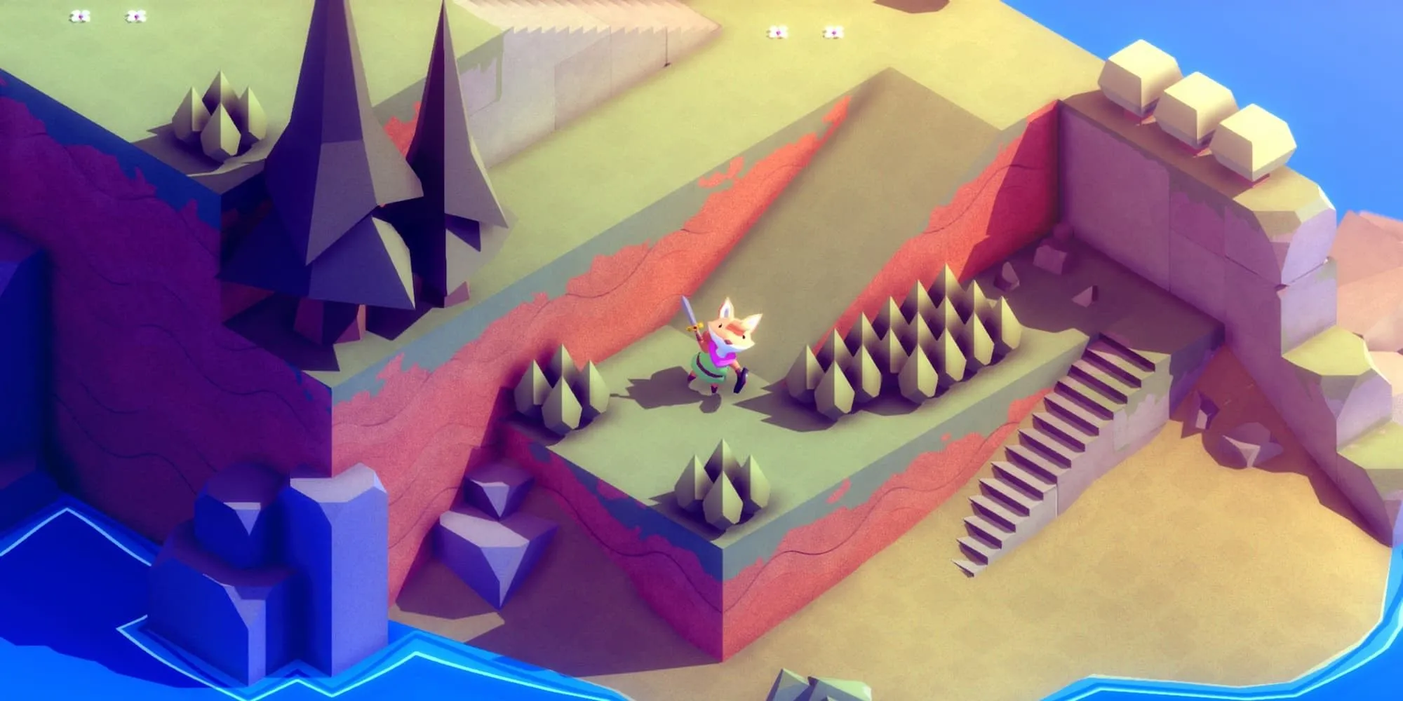 Chú cáo nhỏ giơ kiếm trong thế giới phiêu lưu của game Tunic