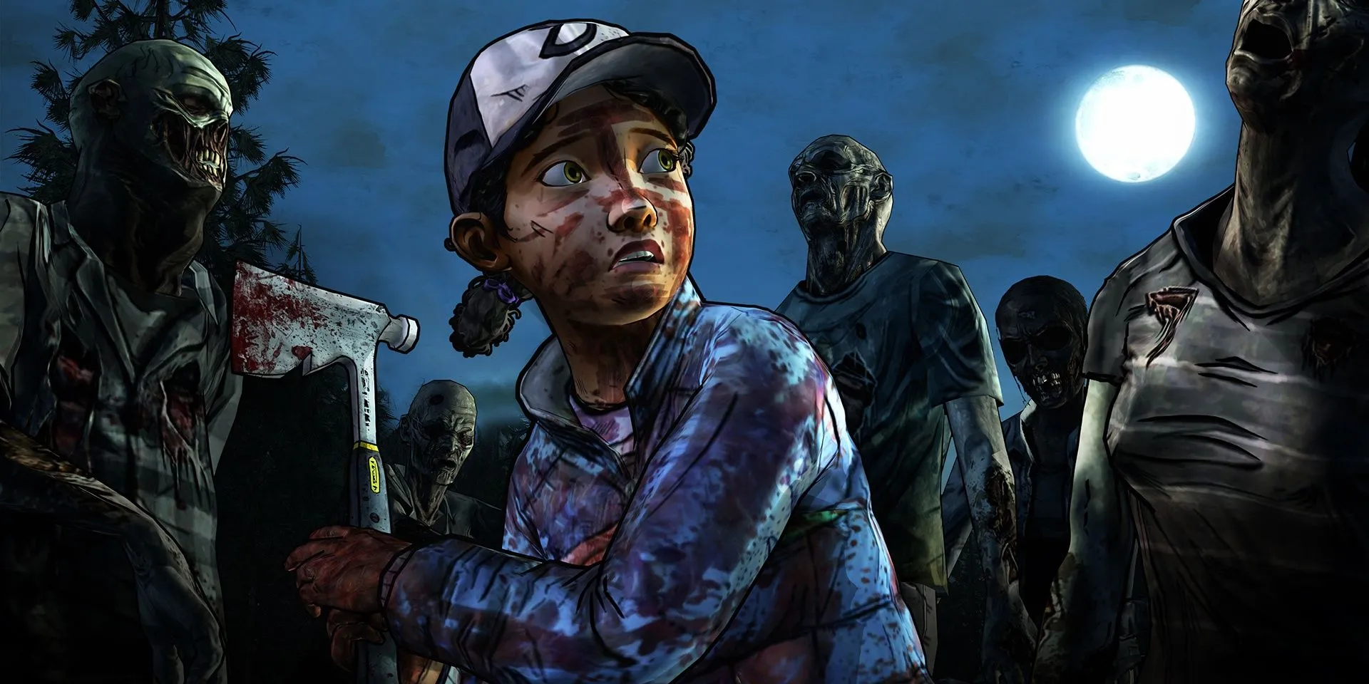 Clementine bị bao vây bởi Walkers (Zombie) trong The Walking Dead của Telltale Games