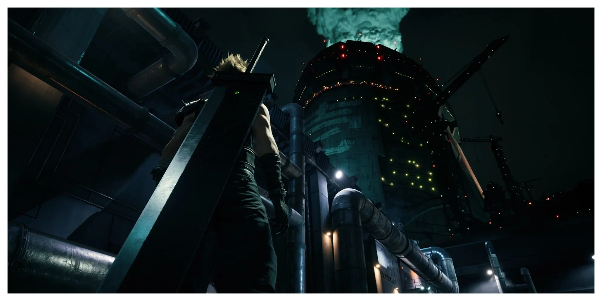 Cloud Strife cùng Buster Sword đứng trên nóc tòa nhà ở Midgar, cảnh quan ấn tượng trong Final Fantasy VII Remake Intergrade trên Switch 2.