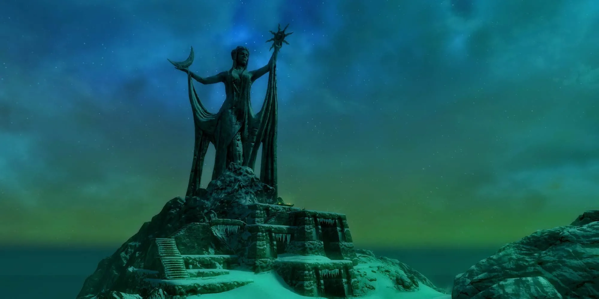 Đền thờ Azura lúc hoàng hôn trong Skyrim. Hình ảnh minh họa cho đền thờ Daedric trong loạt game Elder Scrolls.