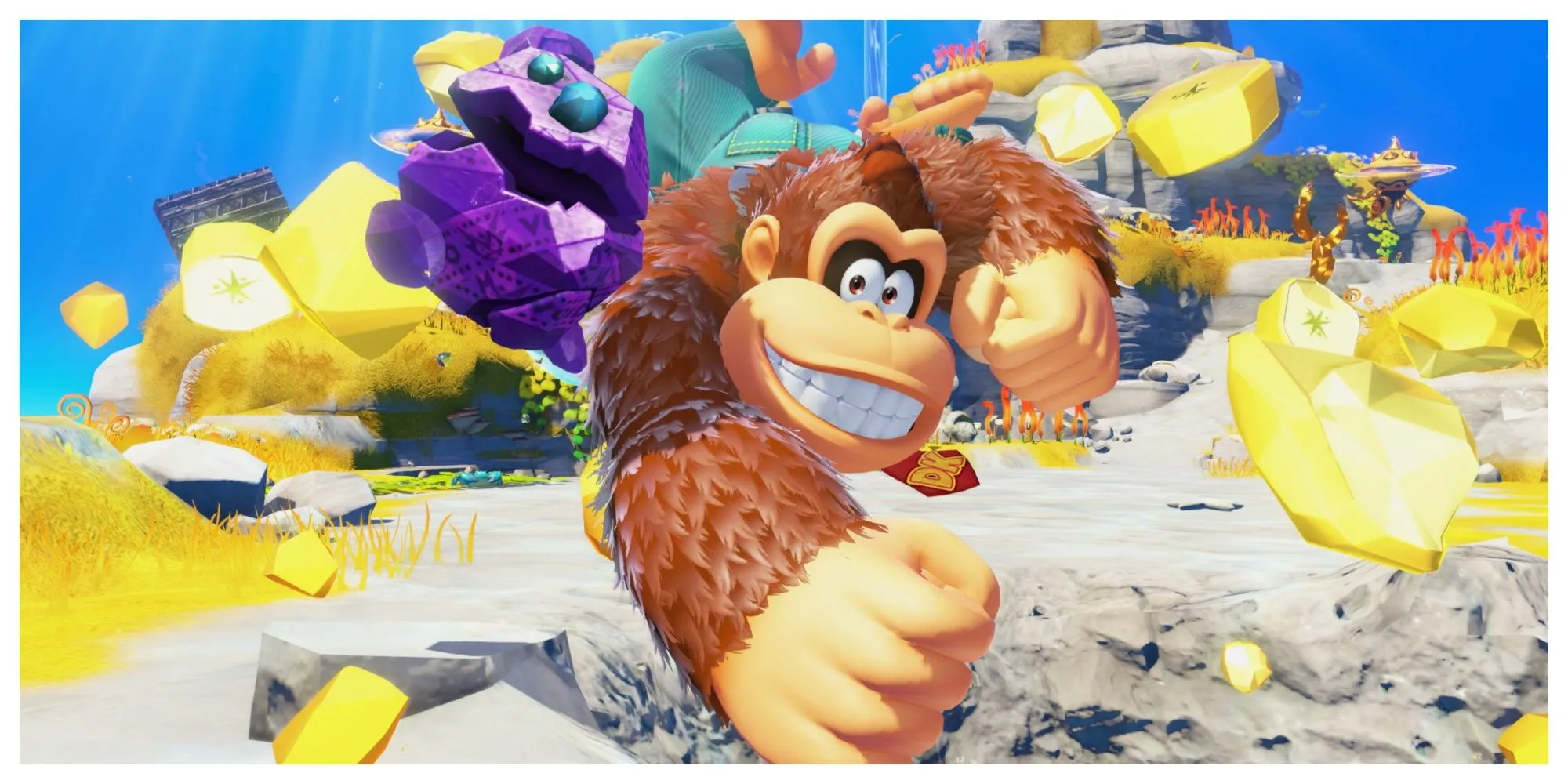 Donkey Kong với phong cách hoạt hình mới, chuẩn bị đấm thùng chuối trong game platformer 3D Donkey Kong Bananza.