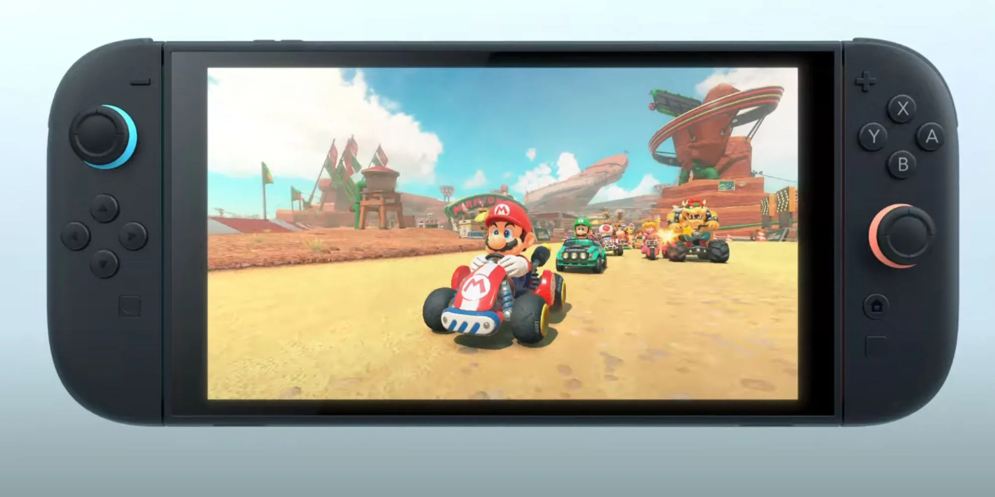 Game Mario Kart trên màn hình hiển thị logo Nintendo Switch 2 minh họa dàn game ra mắt tiềm năng