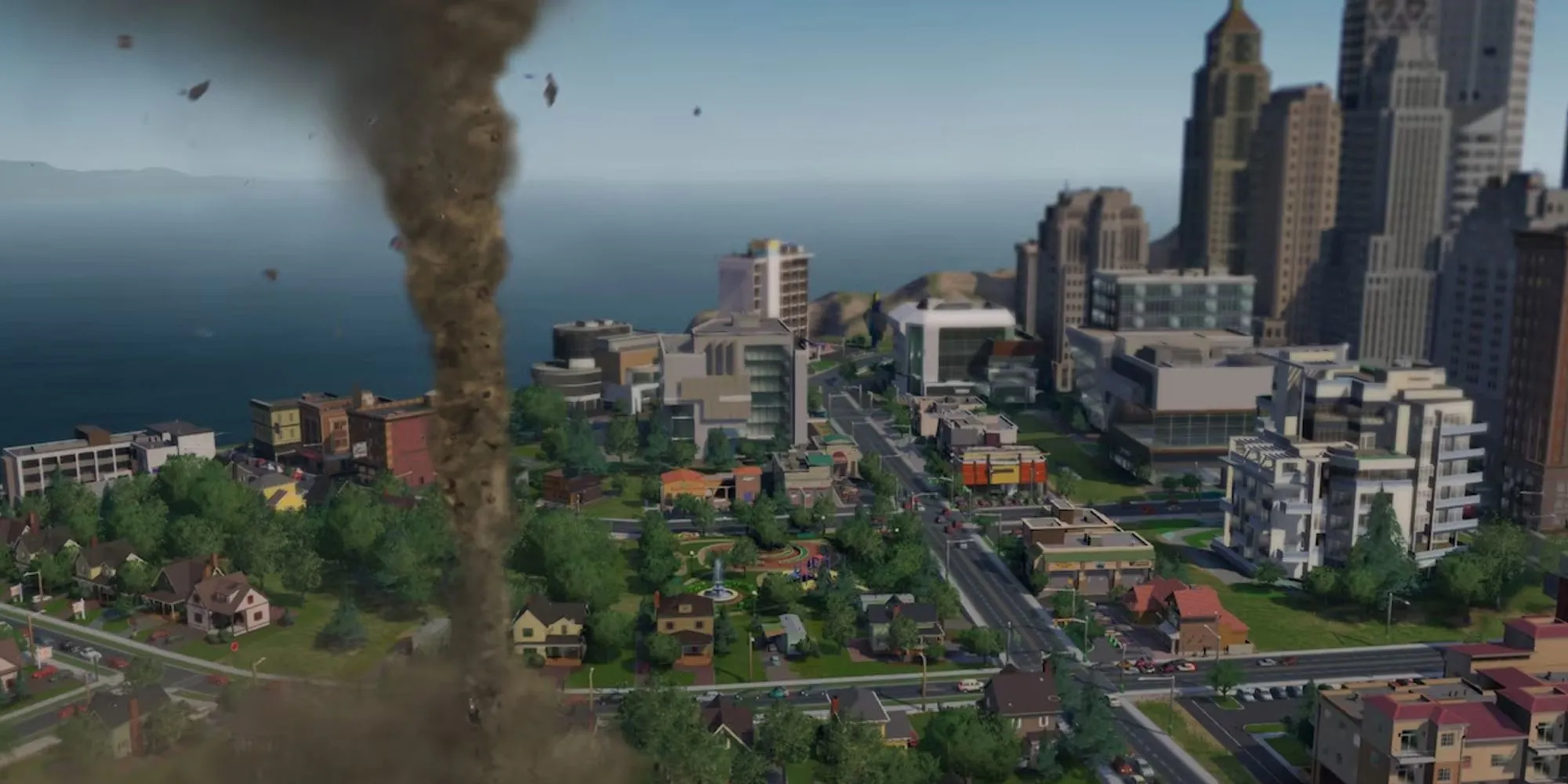 Giao diện game SimCity 2013 nhìn từ trên cao với các công trình và đường xá trong thành phố