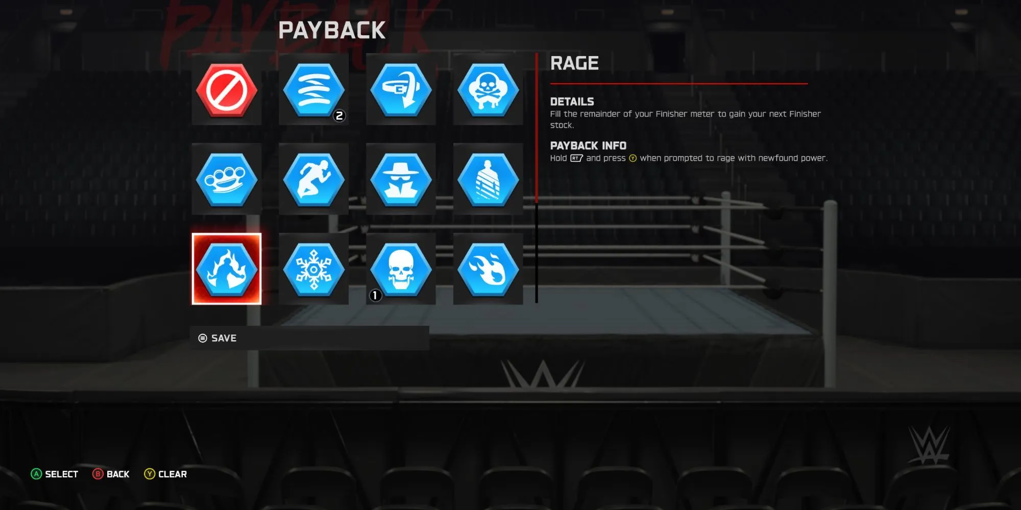 Giao diện hiển thị khi sử dụng chiêu Trả Đũa (Payback) trong WWE 2K25