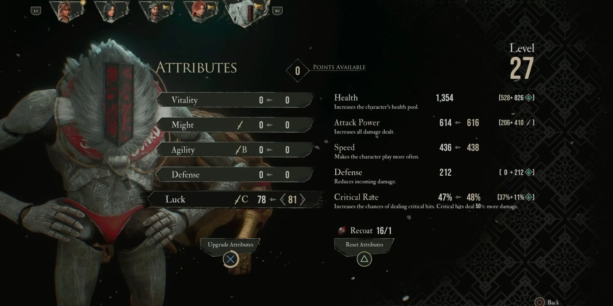 Giao diện phân bổ thuộc tính (Attributes) của Monoco, tập trung vào Luck ở giai đoạn đầu game Clair Obscur Expedition 33