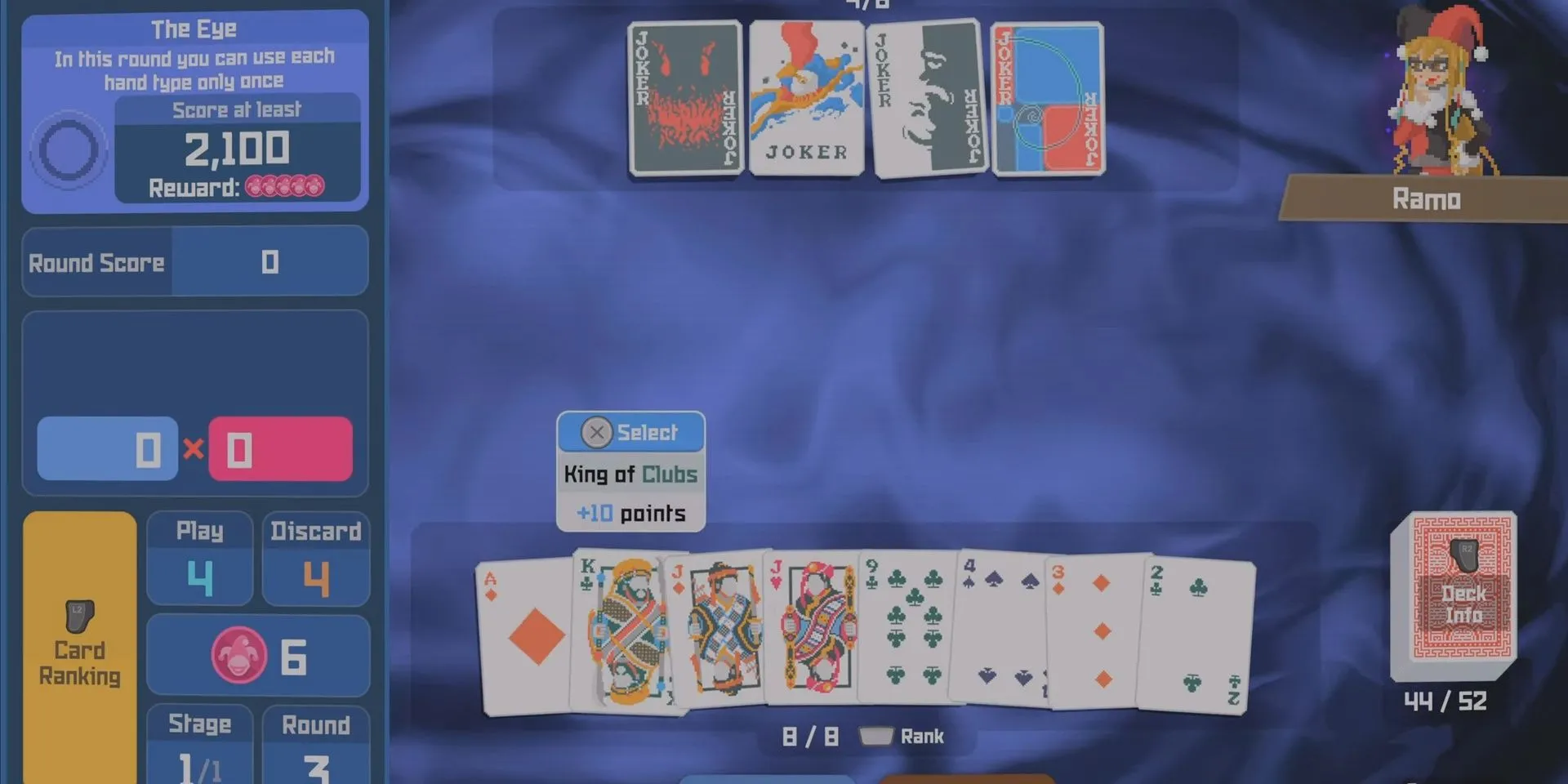 Giao diện trò chơi bài Balatro được hiển thị bên trong game mô phỏng Dave the Diver