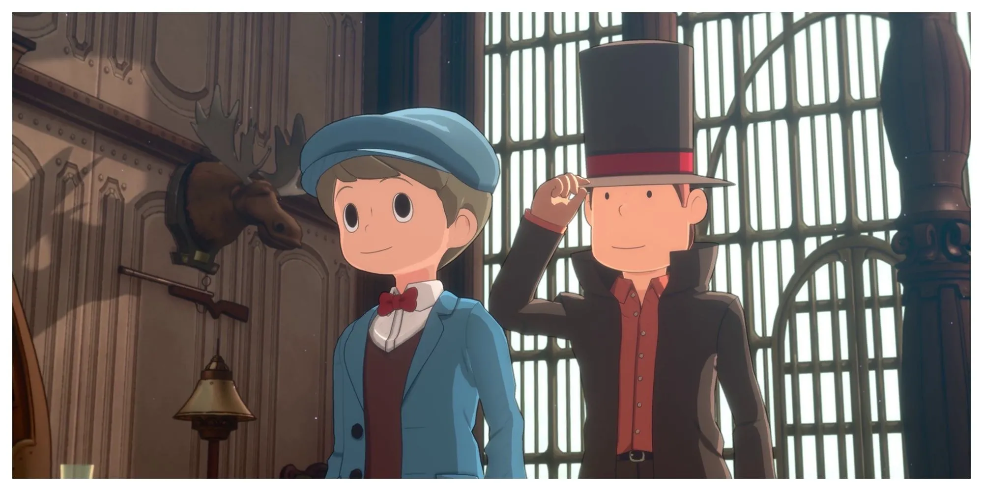 Giáo sư Layton và Luke đứng cạnh một cỗ máy hơi nước phức tạp, gợi mở những câu đố hóc búa trong New World of Steam.