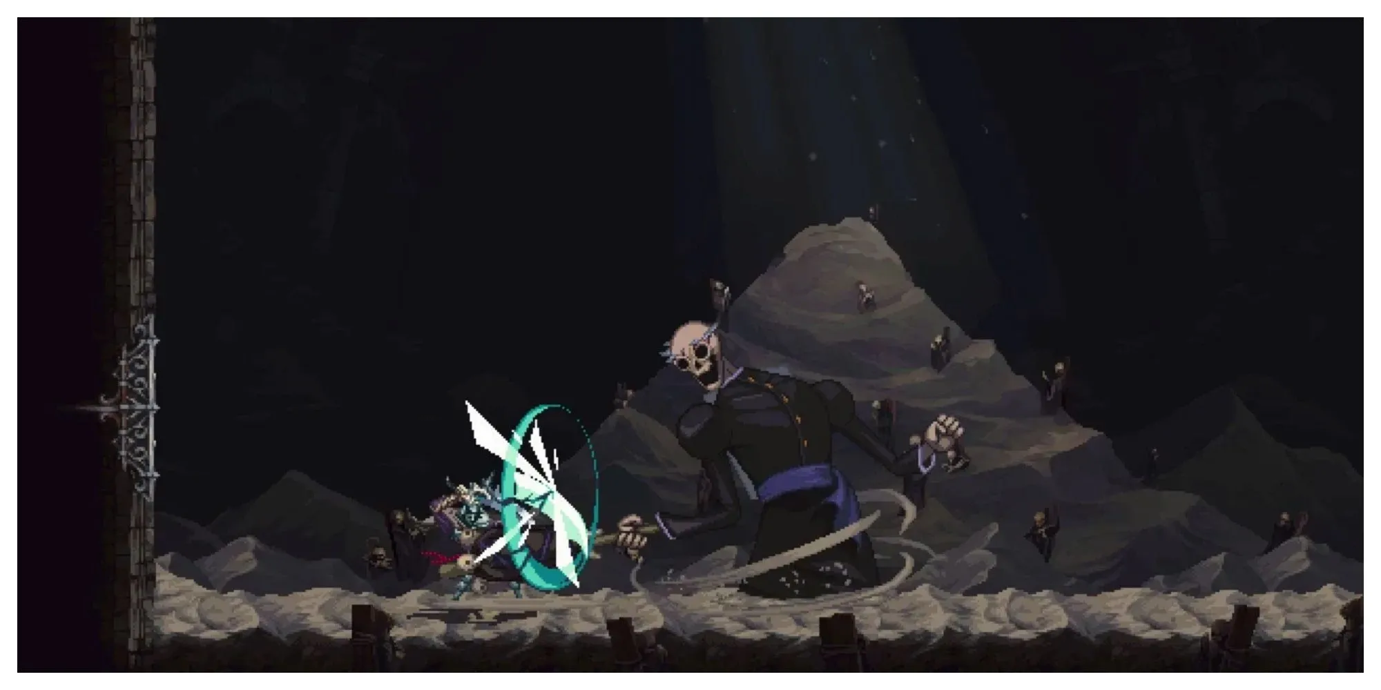 Great Preceptor Radames, một bộ xương khổng lồ với vũ khí nặng nề, là một boss thách thức trong Blasphemous 2 với nhiều đòn tấn công khác nhau.