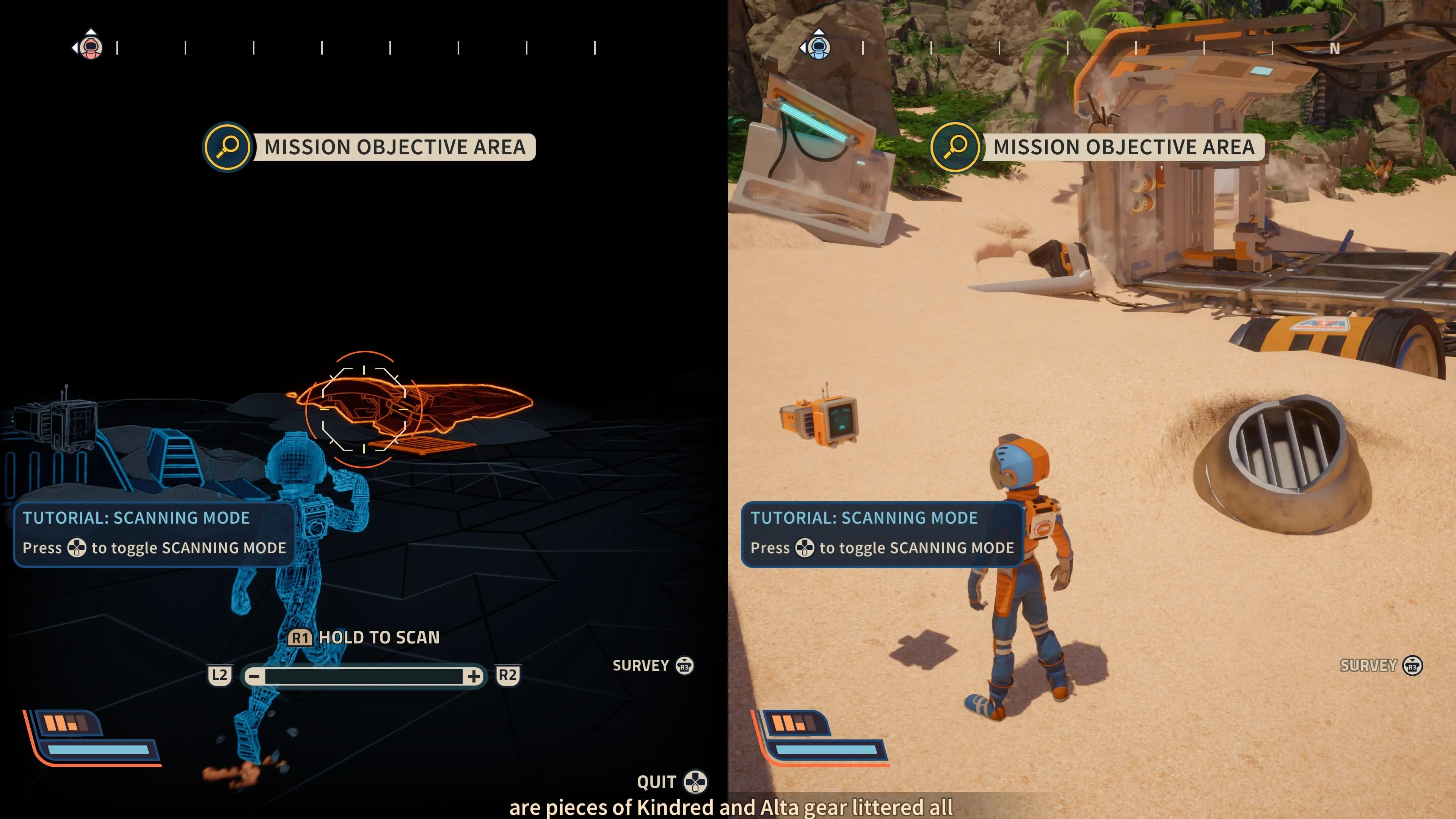 Hai người chơi trong chế độ co-op chia màn hình của Revenge of the Savage Planet