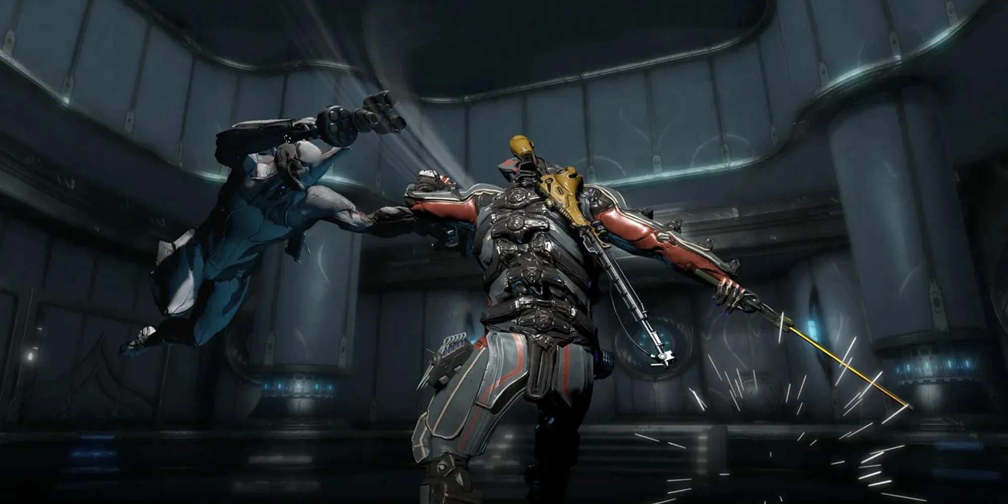 Hai nhân vật Warframe đang chiến đấu giữa không trung, thể hiện sự cơ động và combat nhanh.