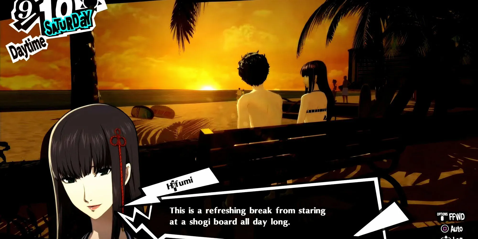 Hifumi và Joker ngắm hoàng hôn ở Hawaii trong Persona 5 Royal.