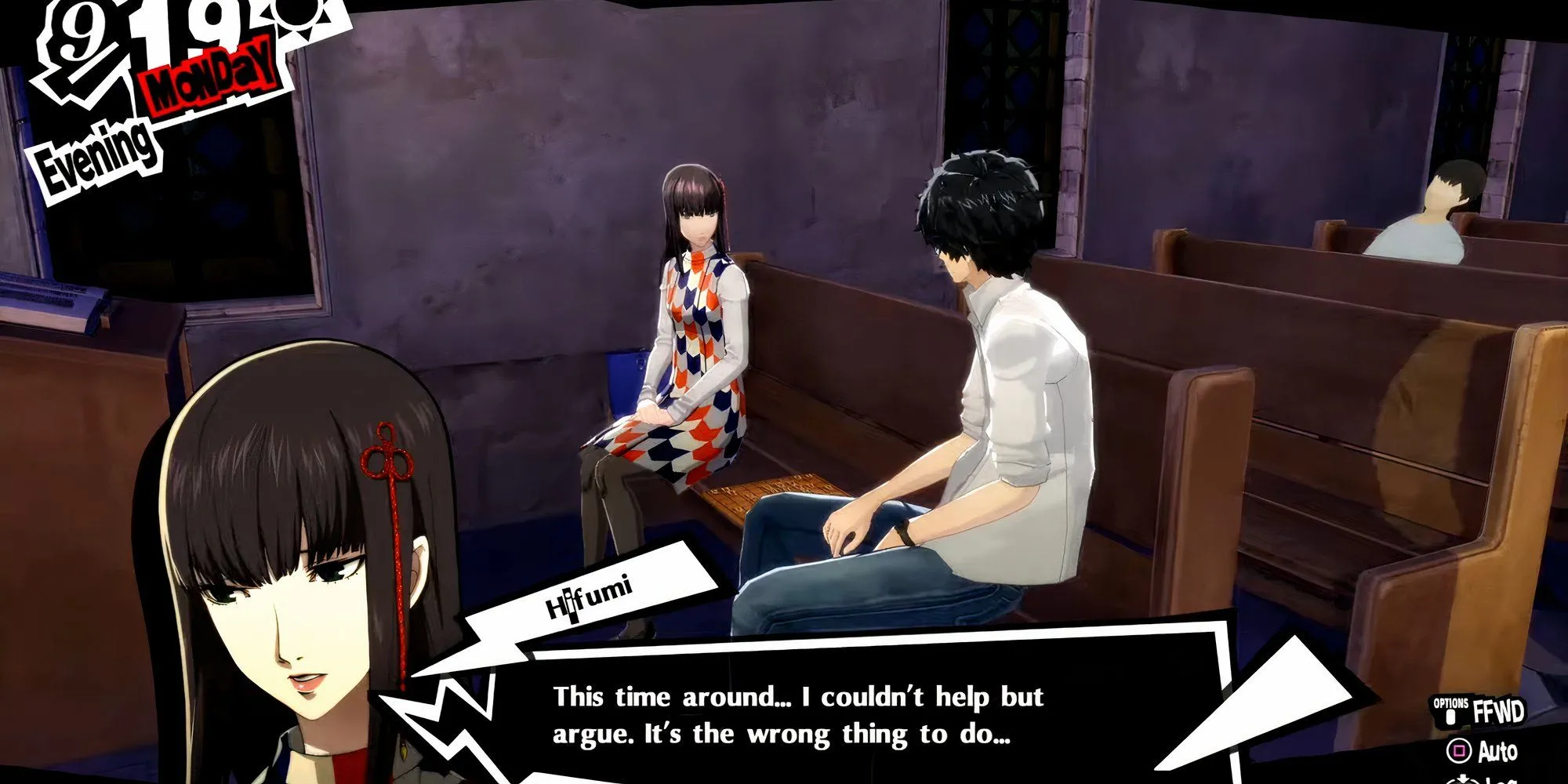 Hifumi và Joker tại nhà thờ trong Persona 5 Royal.