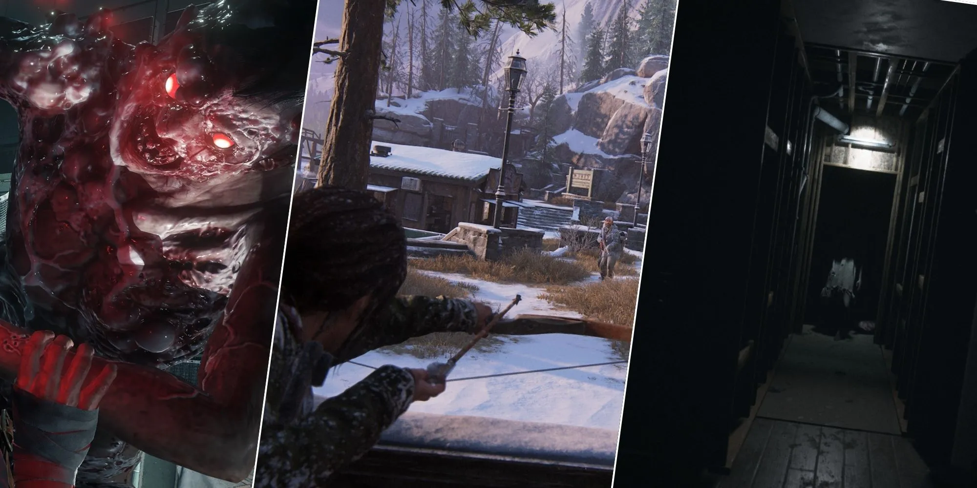 Hình ảnh chia ba khung cảnh từ Visage, Last of Us và Evil Within 2, minh họa cho thể loại game kinh dị được làm lại/remaster