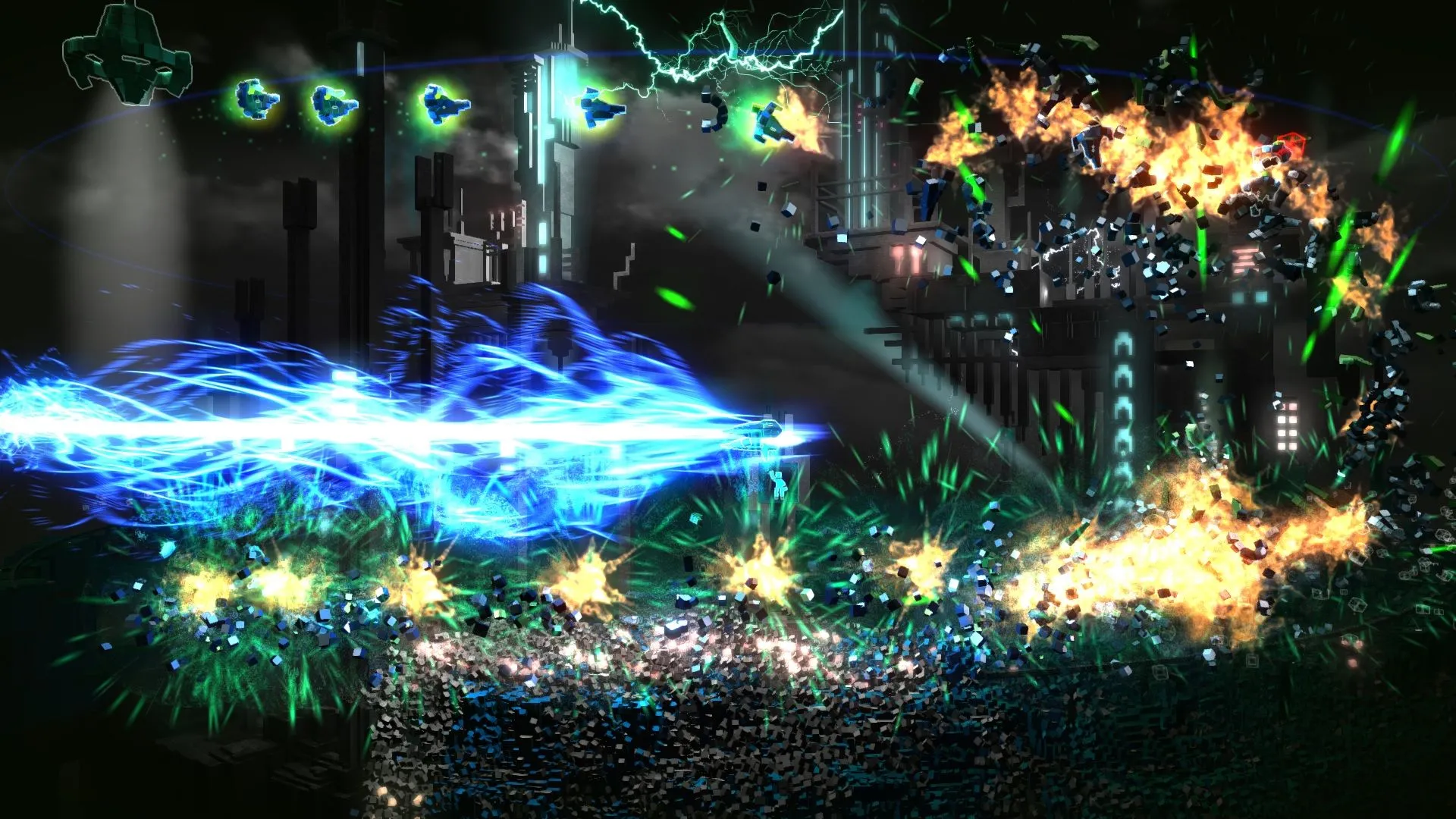 Hình ảnh gameplay của Resogun, minh họa lối chơi bắn súng bullet-hell cuộn cảnh.