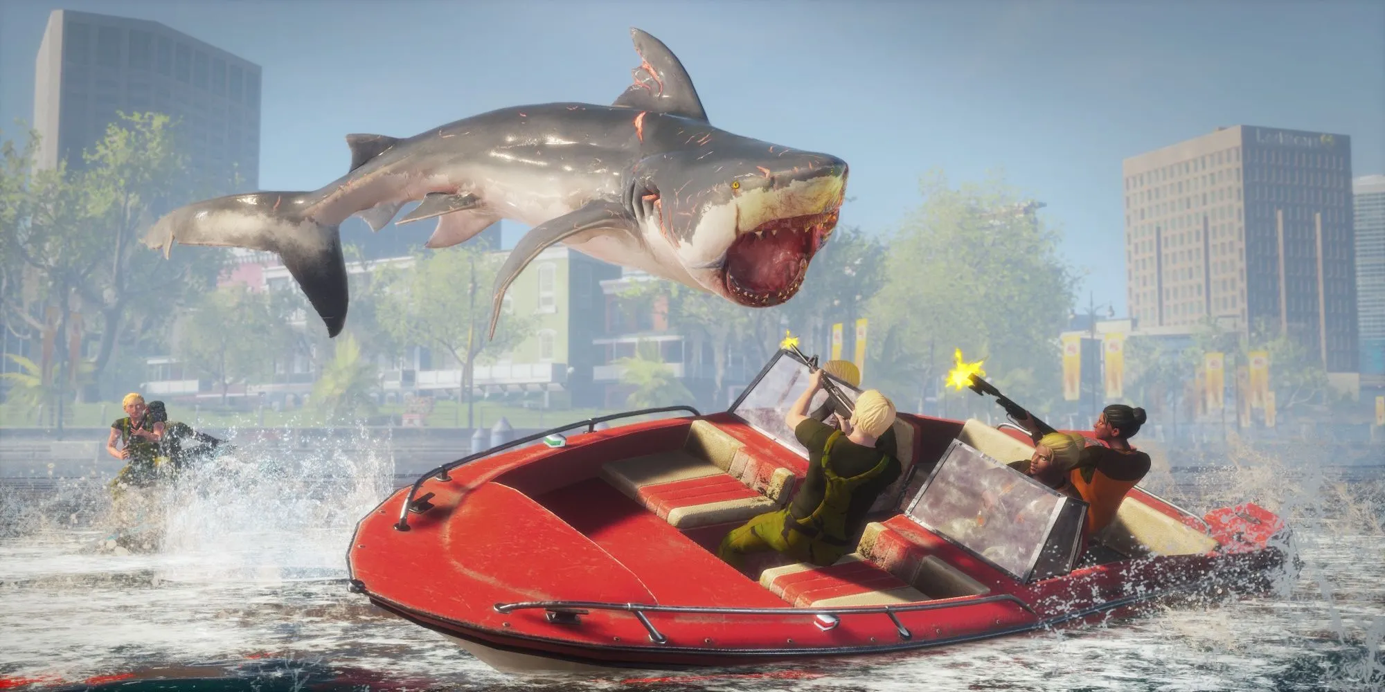 Hình ảnh gameplay Maneater, minh họa lối chơi cá mập tấn công.