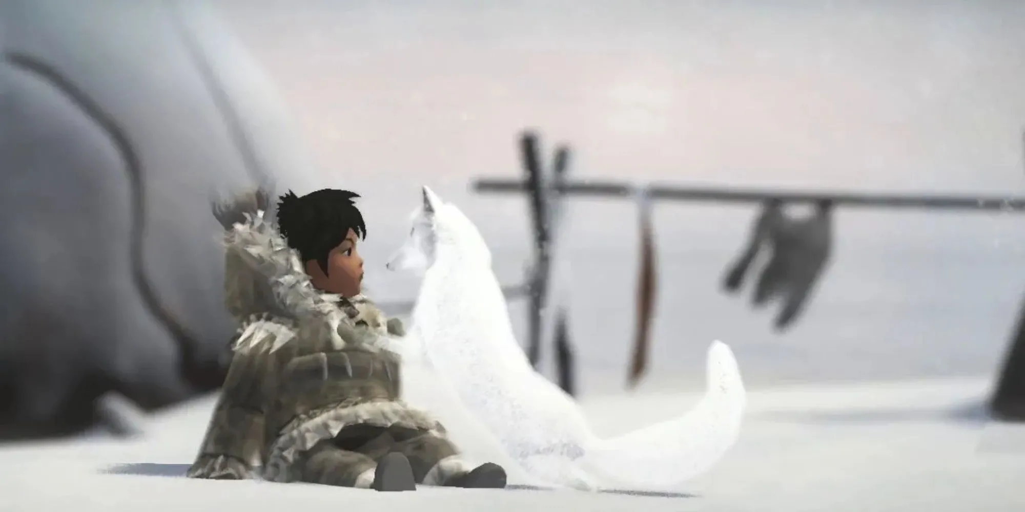 Hình ảnh nhân vật chính trong game Never Alone, bối cảnh tuyết trắng.