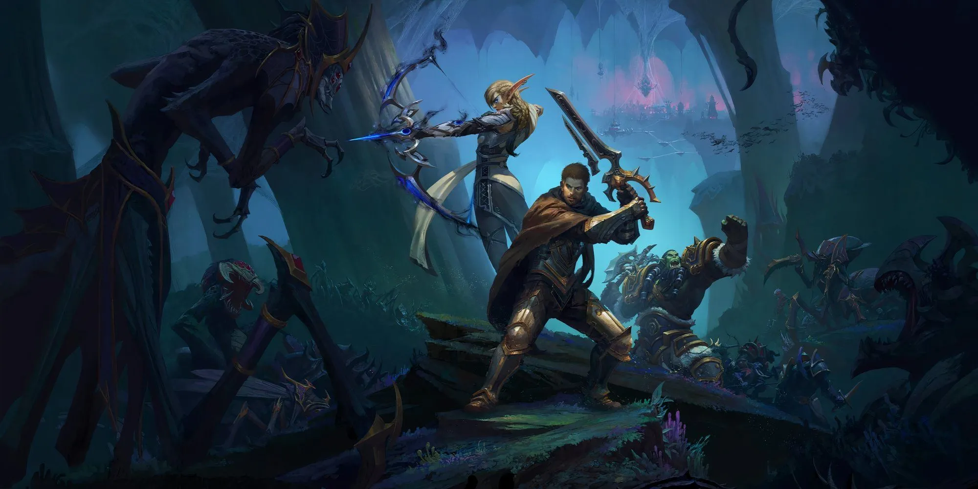 Hình ảnh quảng cáo World of Warcraft: The War Within với các nhân vật kỳ ảo chuẩn bị cho trận chiến.
