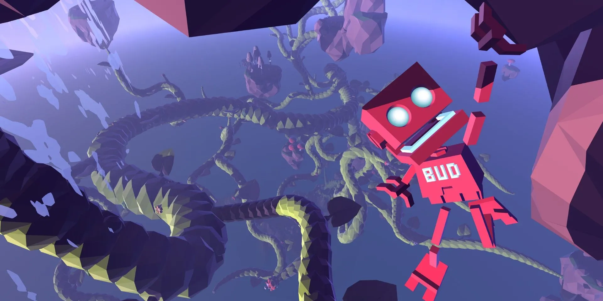Hình ảnh robot BUD leo trèo trong game Grow Home, minh họa cơ chế gameplay độc đáo.