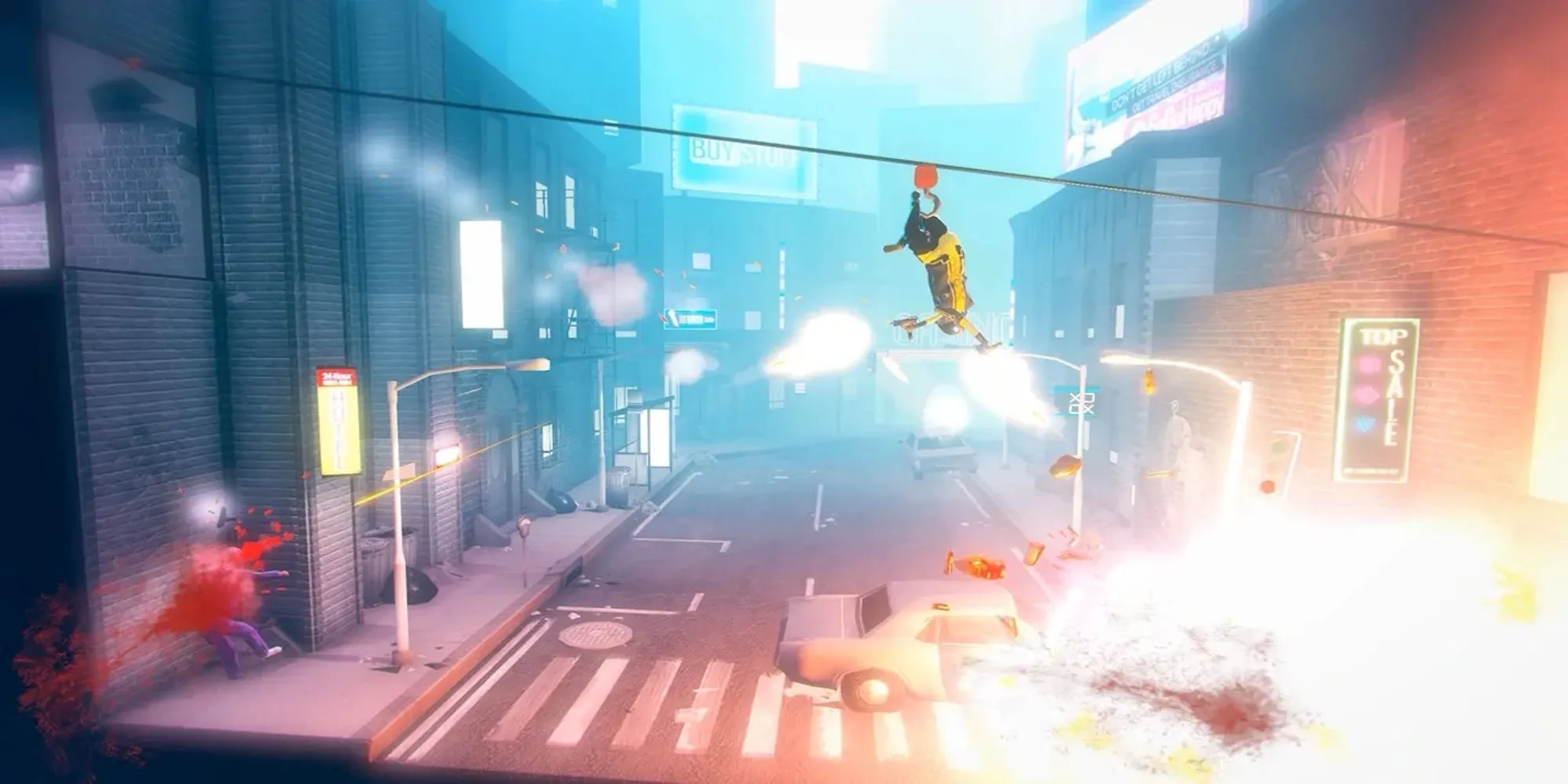 Hình ảnh từ game My Friend Pedro, một tựa game hành động cuộn cảnh 2D độc đáo