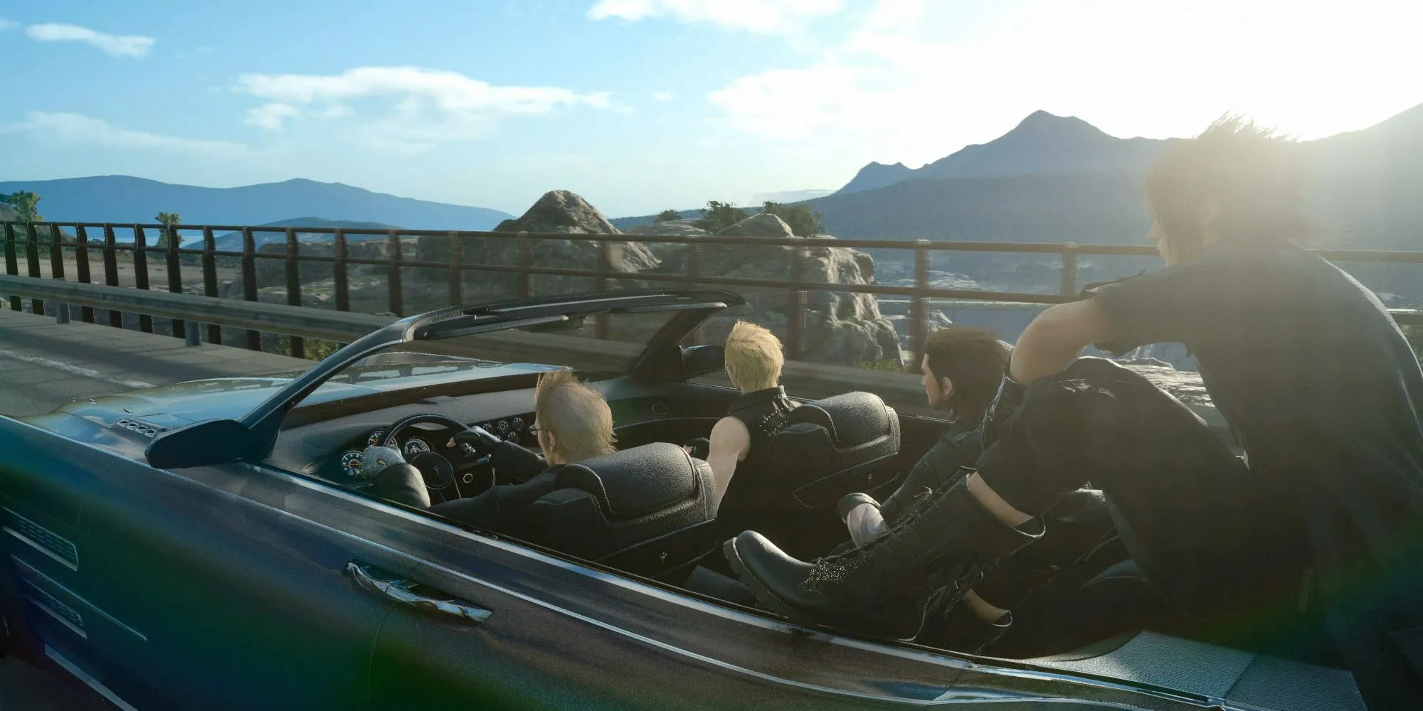 Ignis, Gladiolus, Noctis và Prompto ngồi trong chiếc xe Regalia trong Final Fantasy XV