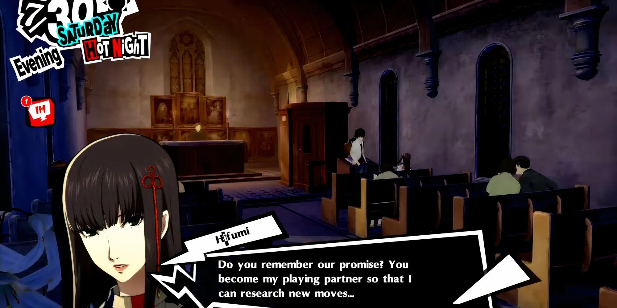Joker gặp Hifumi tại nhà thờ Kanda để bắt đầu Confidant Star trong P5R.
